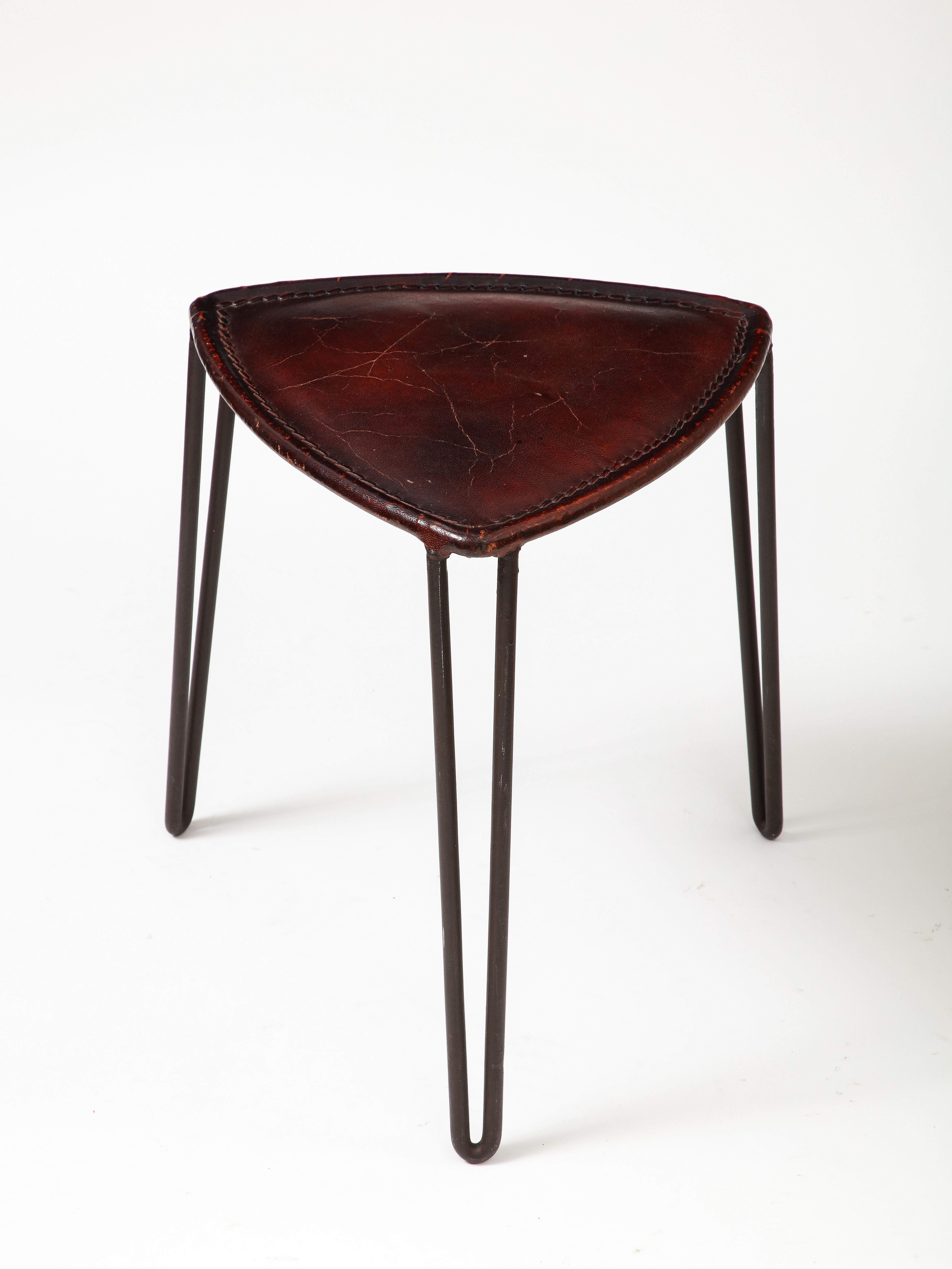 Leather and Metal Stool, France, c. 1950 For Sale 2