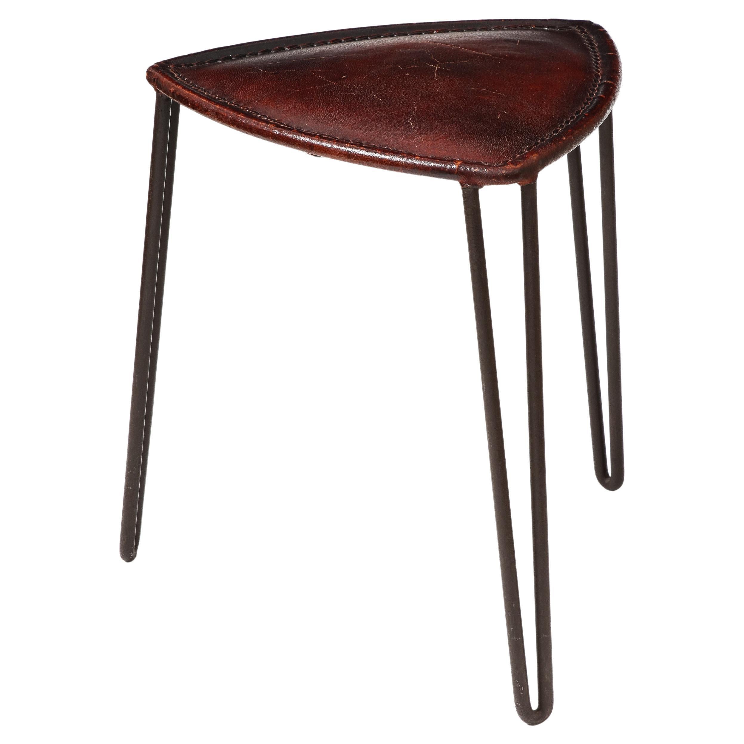 Leather and Metal Stool, France, c. 1950 For Sale