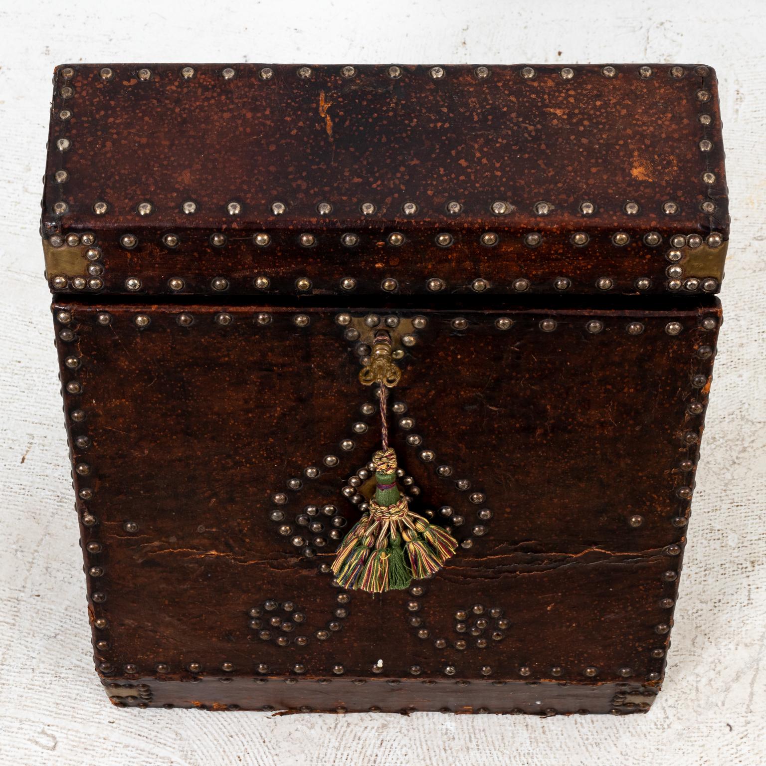 Early 20th Century Leather and Nail Head Decorated Letter Box from Spain