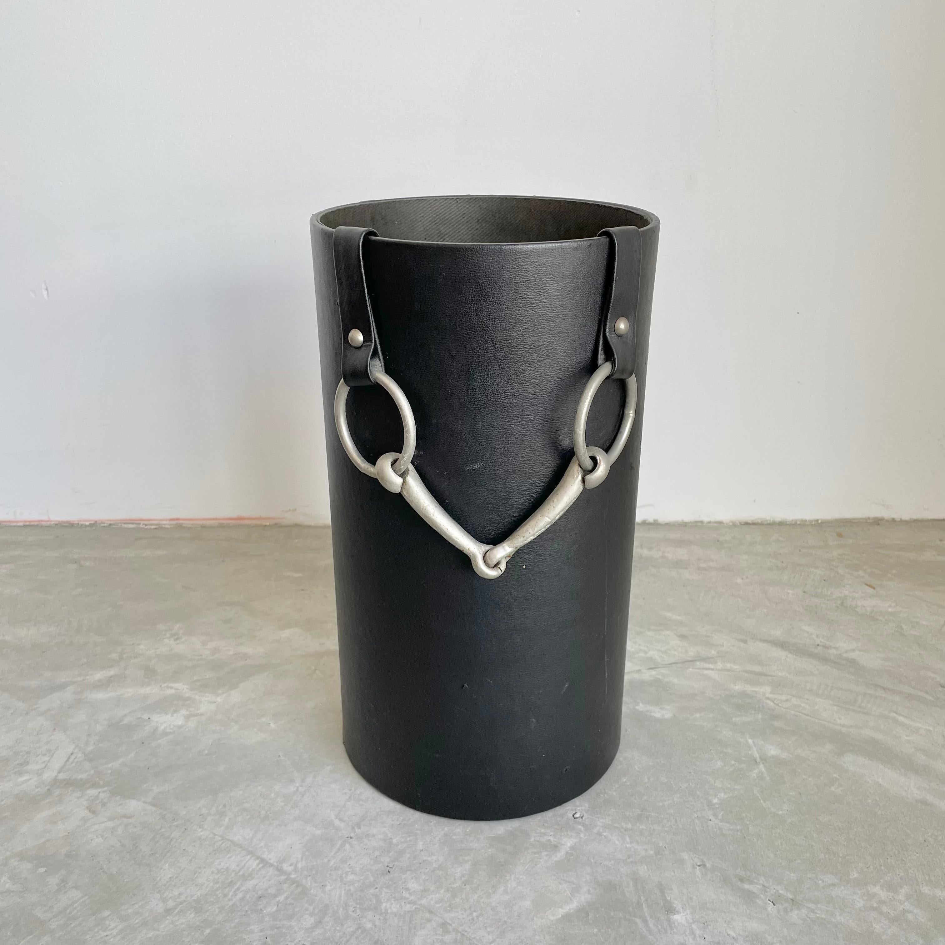 Leather Waste Art Reference: Leather And Nickel Equestrian Waste Basket 1950S France For Sale