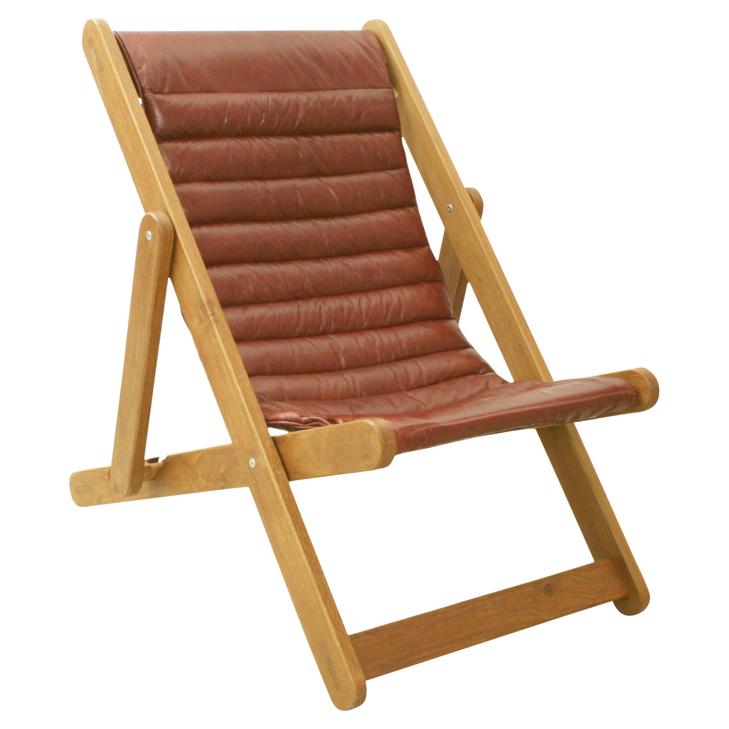 Leather And Oak Deck Chair For Sale