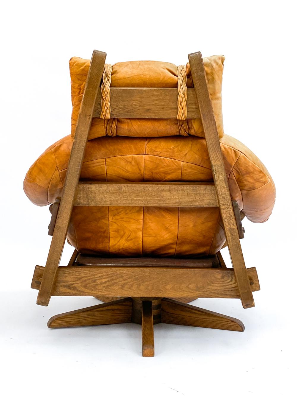 Leather And Oak Easy Chair With Footstool In Style Of Gerard Van Den Berg For Sale 6