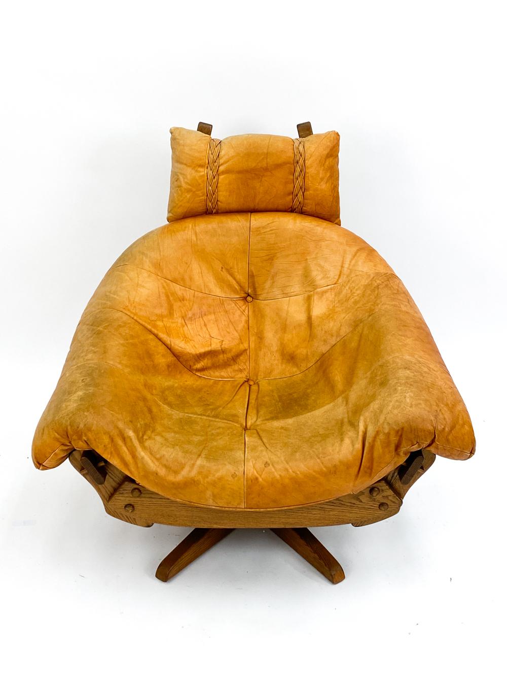 Dutch Leather And Oak Easy Chair With Footstool In Style Of Gerard Van Den Berg For Sale
