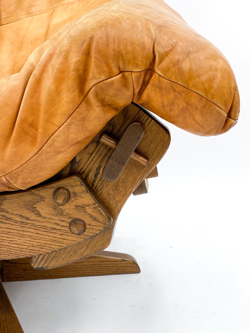 20th Century Leather And Oak Easy Chair With Footstool In Style Of Gerard Van Den Berg For Sale