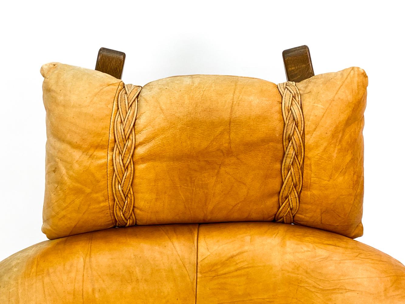 Leather And Oak Easy Chair With Footstool In Style Of Gerard Van Den Berg For Sale 2