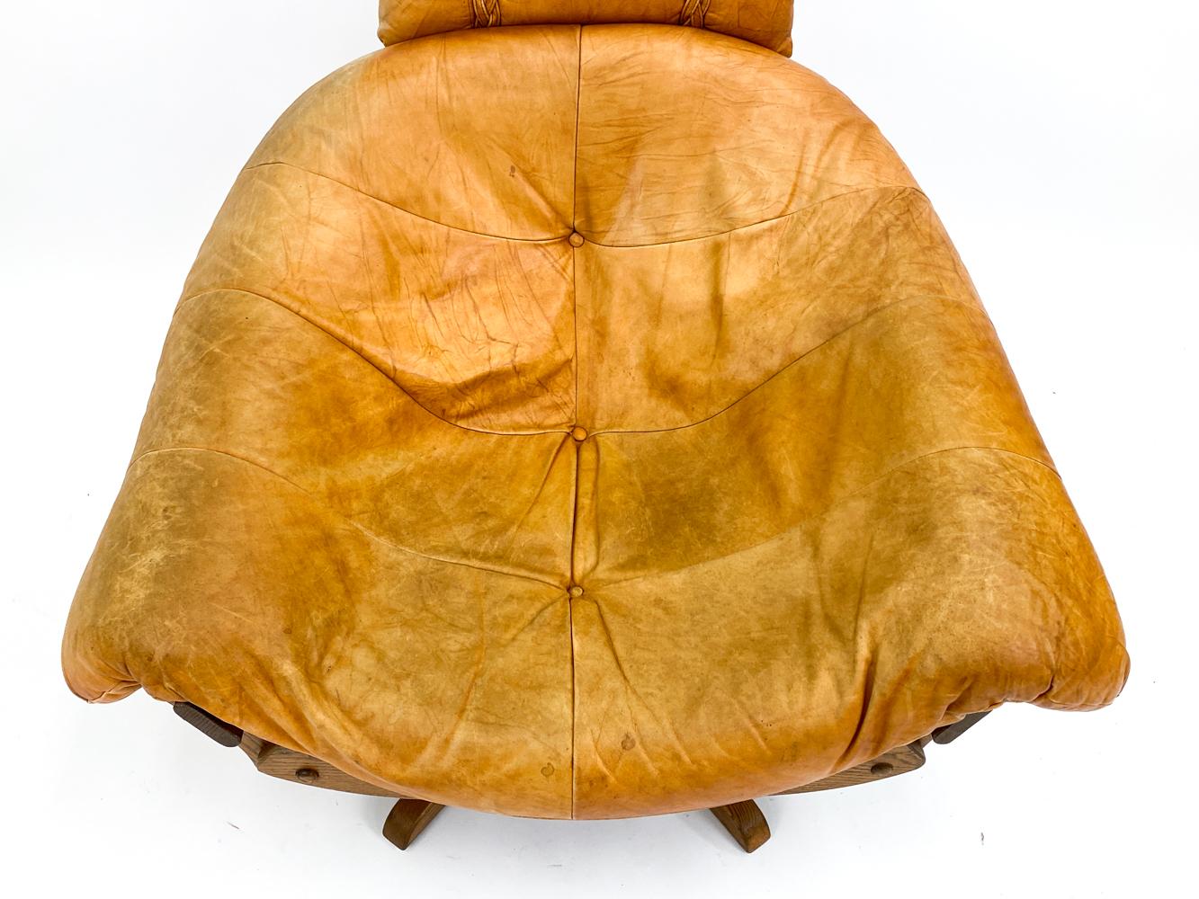 Leather And Oak Easy Chair With Footstool In Style Of Gerard Van Den Berg For Sale 3