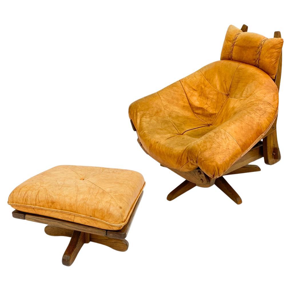 Leather And Oak Easy Chair With Footstool In Style Of Gerard Van Den Berg