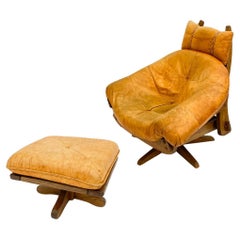 Easy Chair aus Leder und Eiche mit Fußhocker im Stil von Gerard Van Den Berg