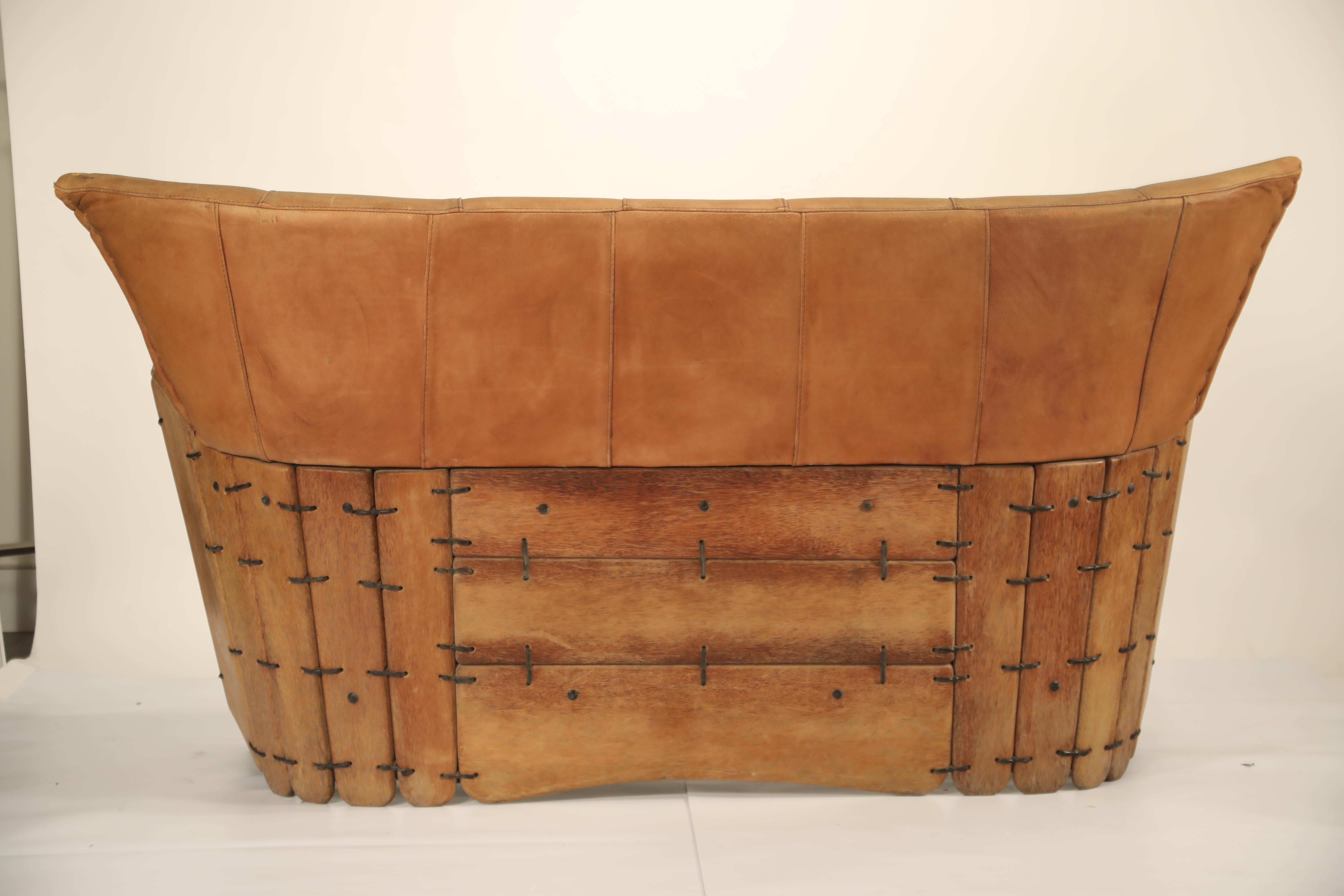 Organic Modern Leather and Palmwood Sofa by Pacific Green, circa 1980