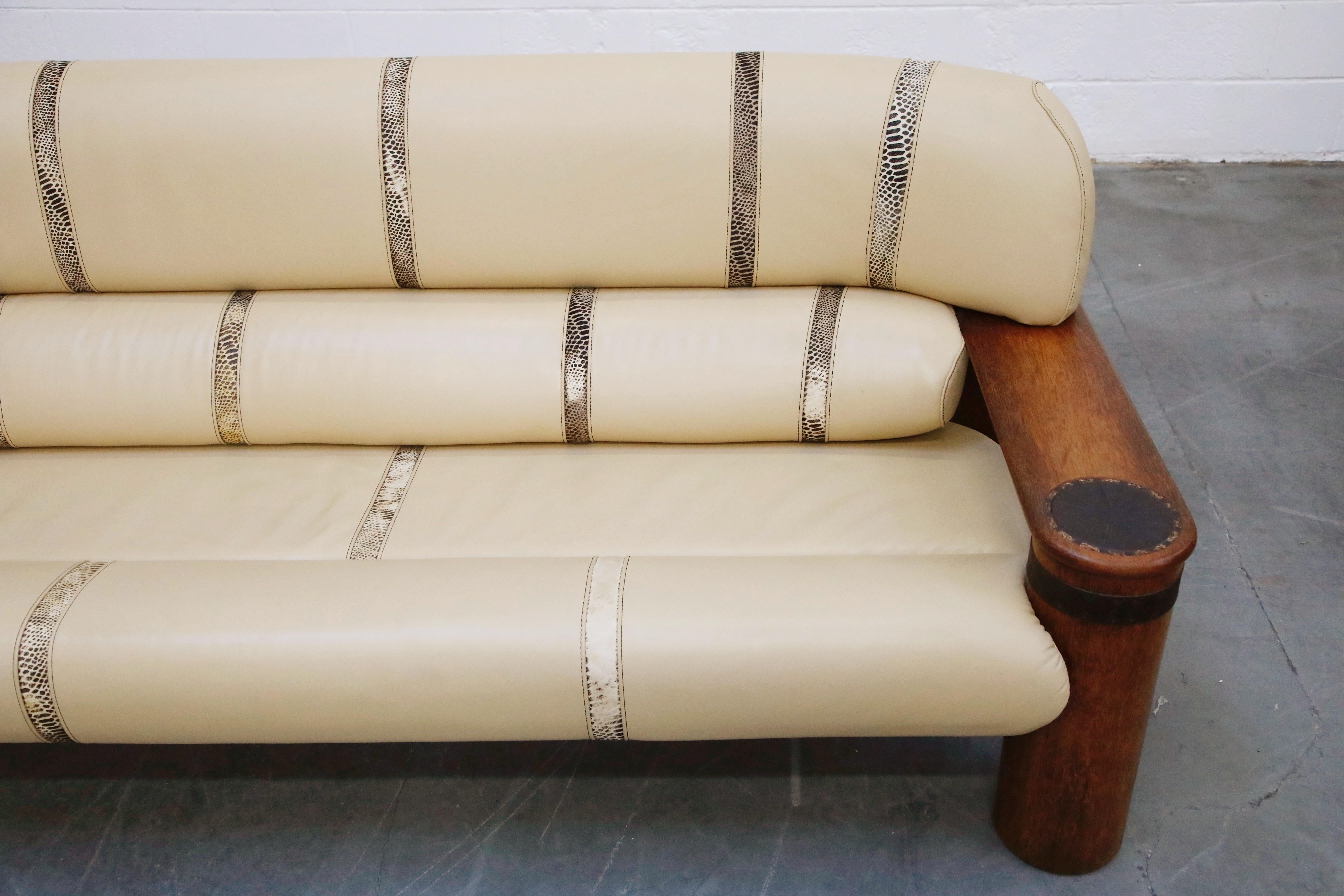 Leather and Palmwood Three-Seat Sofa by Pacific Green, circa 1990 5