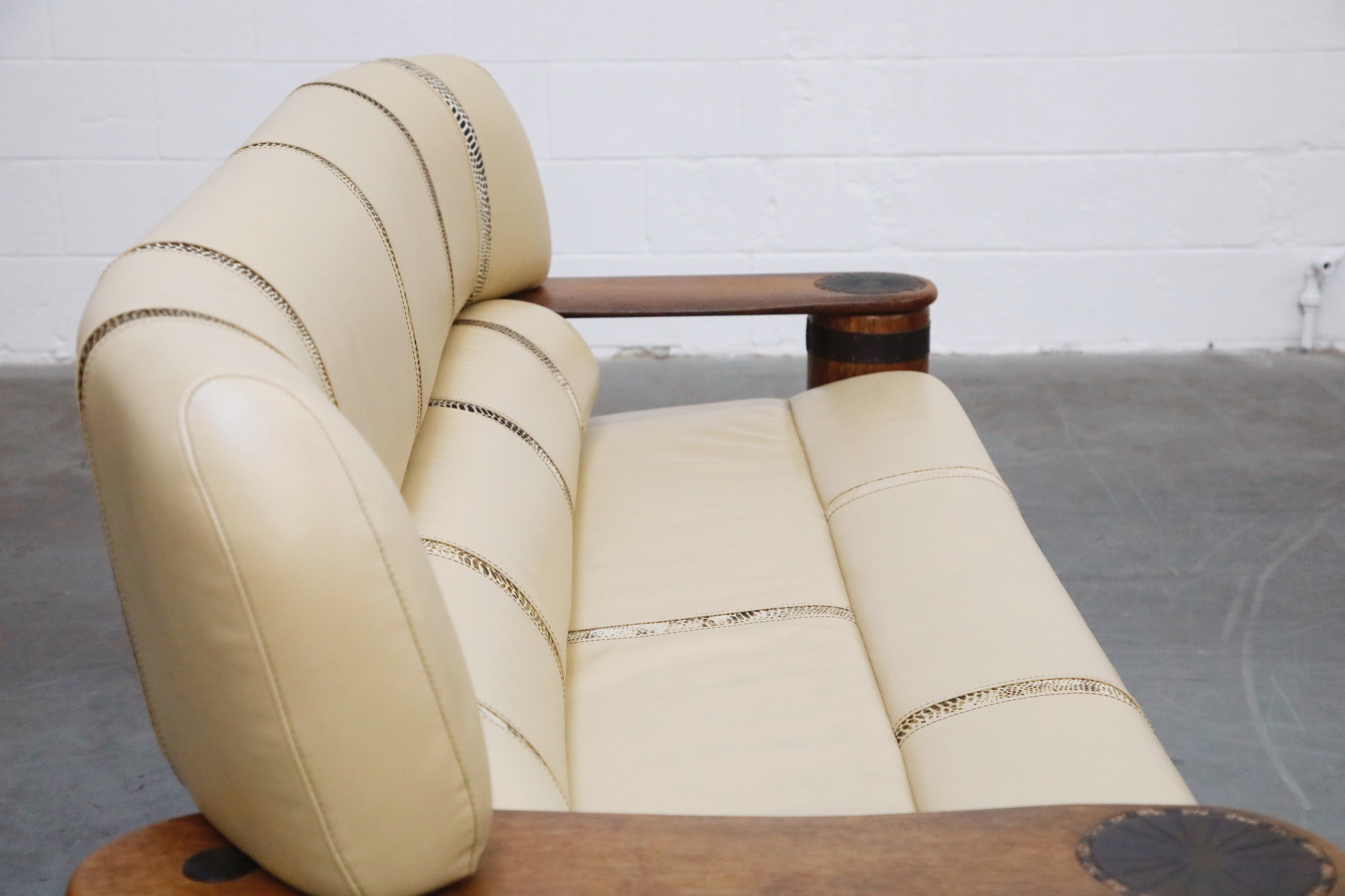 Leather and Palmwood Three-Seat Sofa by Pacific Green, circa 1990 12