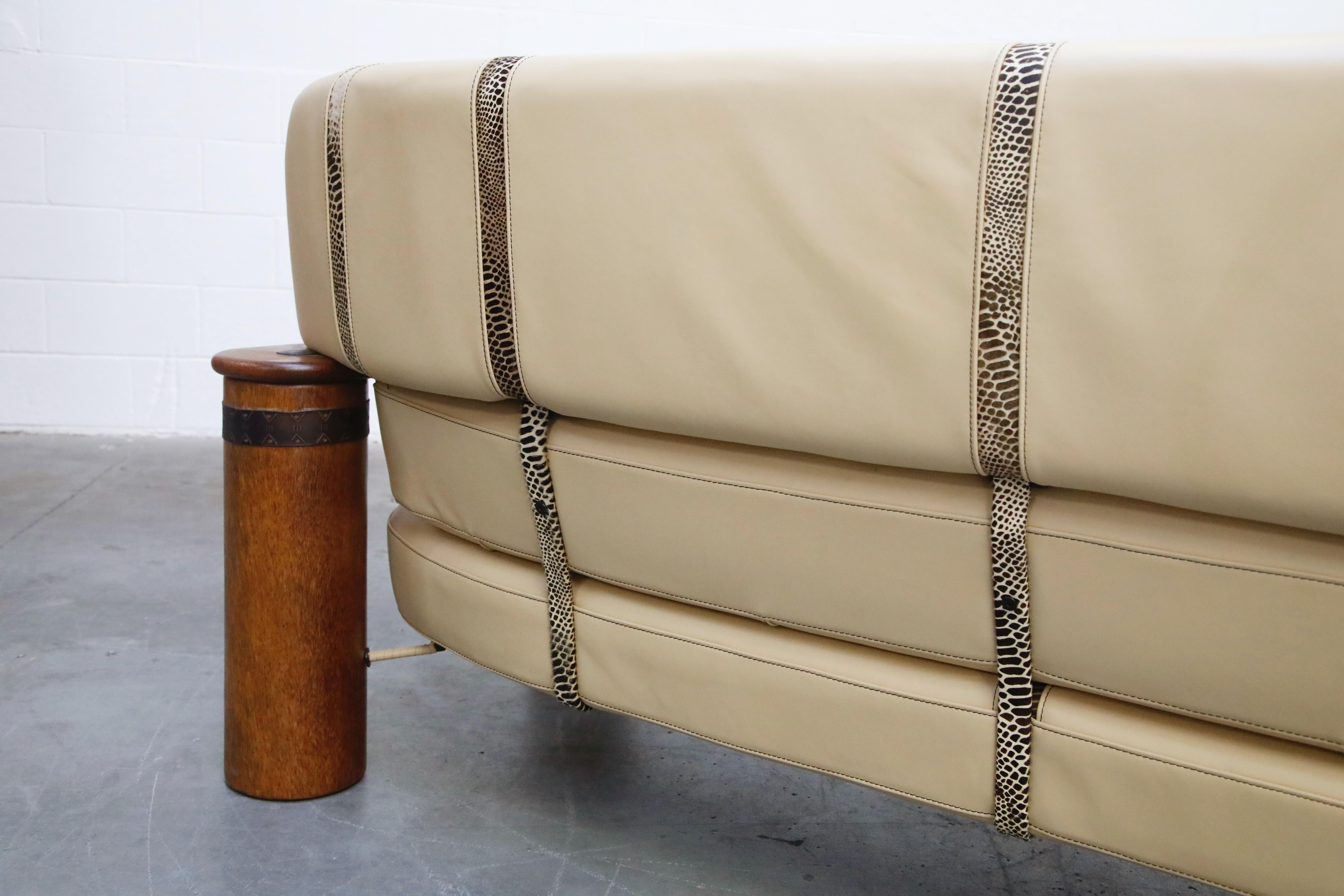 Leather and Palmwood Three-Seat Sofa by Pacific Green, circa 1990 14