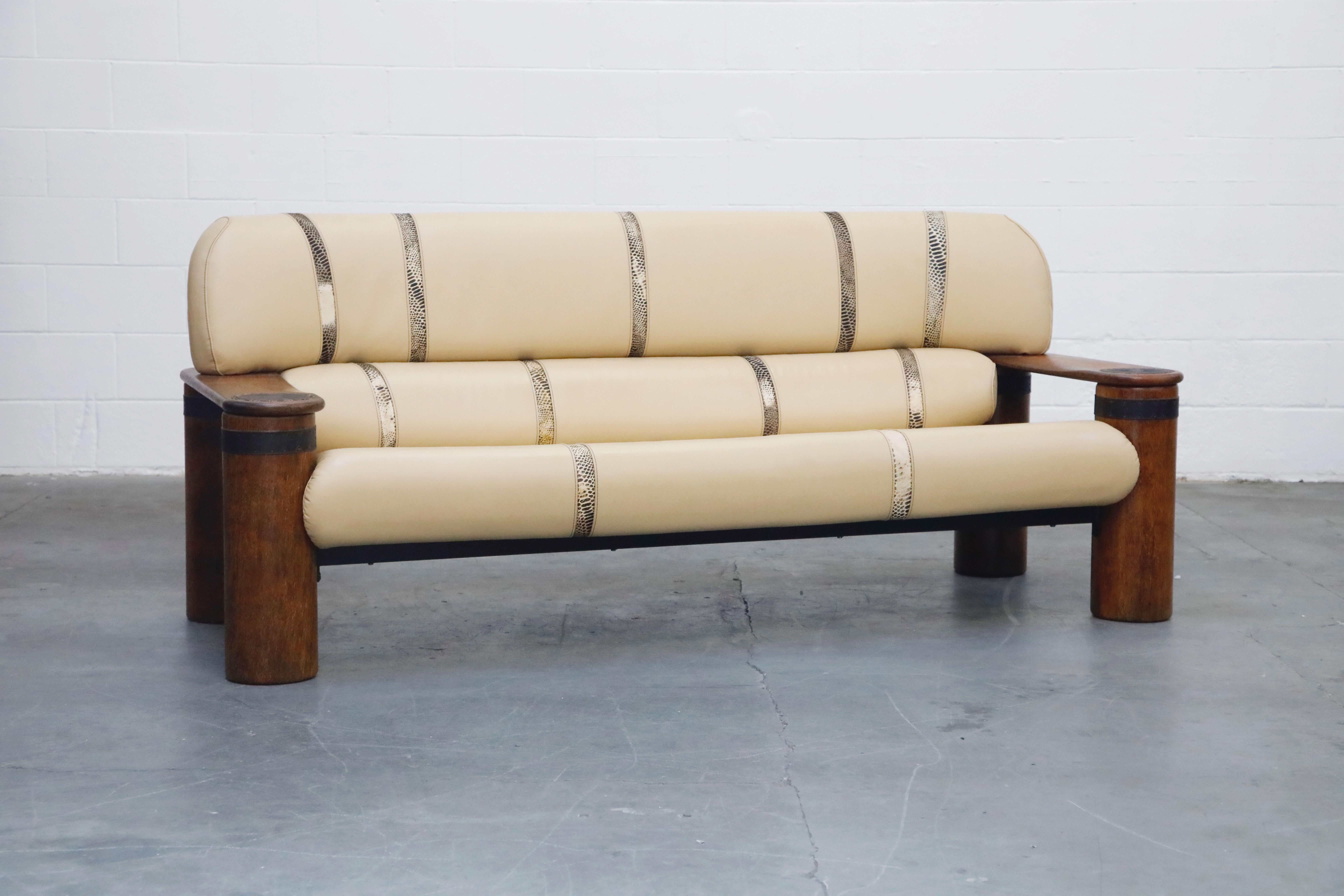 Organic Modern Leather and Palmwood Three-Seat Sofa by Pacific Green, circa 1990