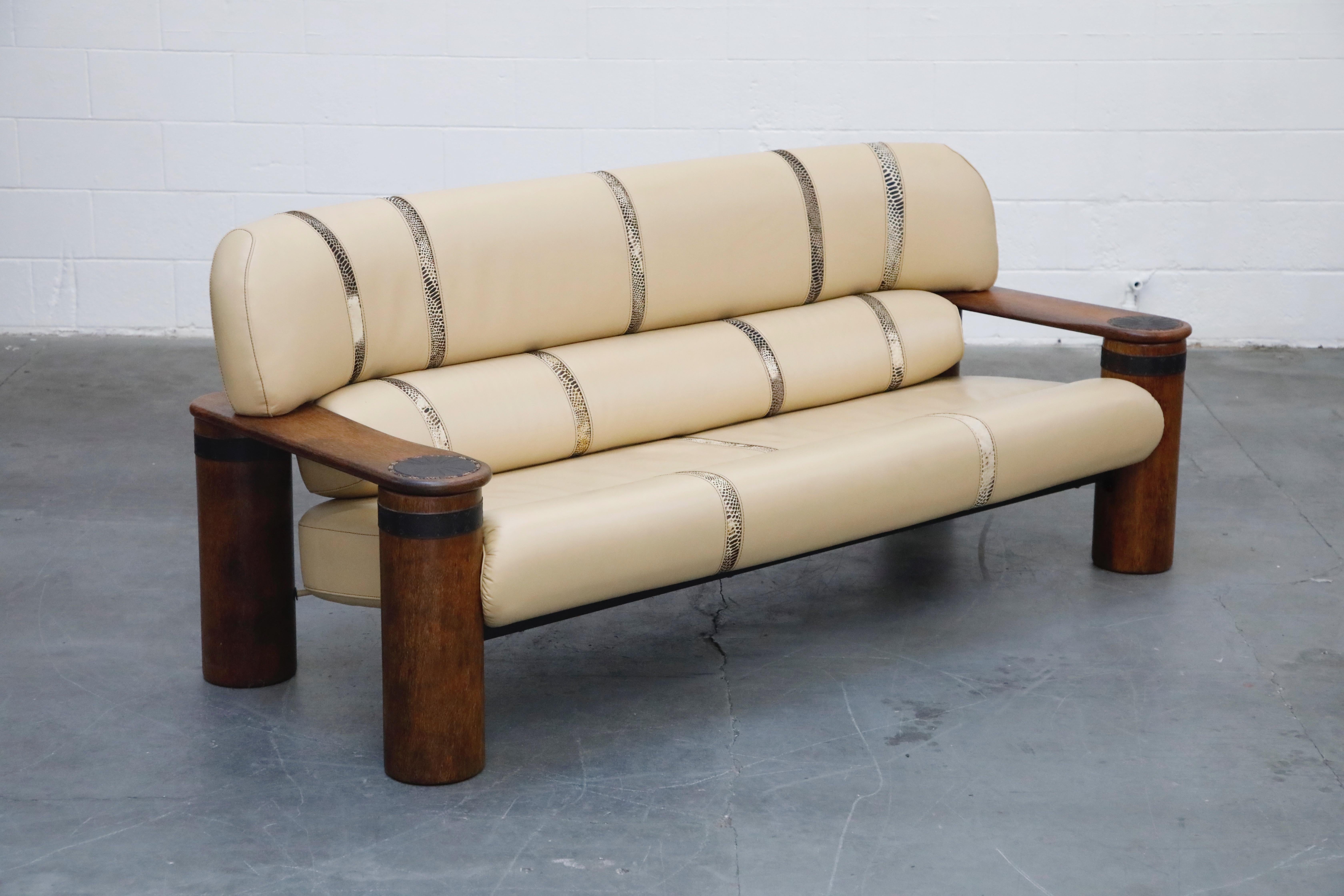 Australian Leather and Palmwood Three-Seat Sofa by Pacific Green, circa 1990