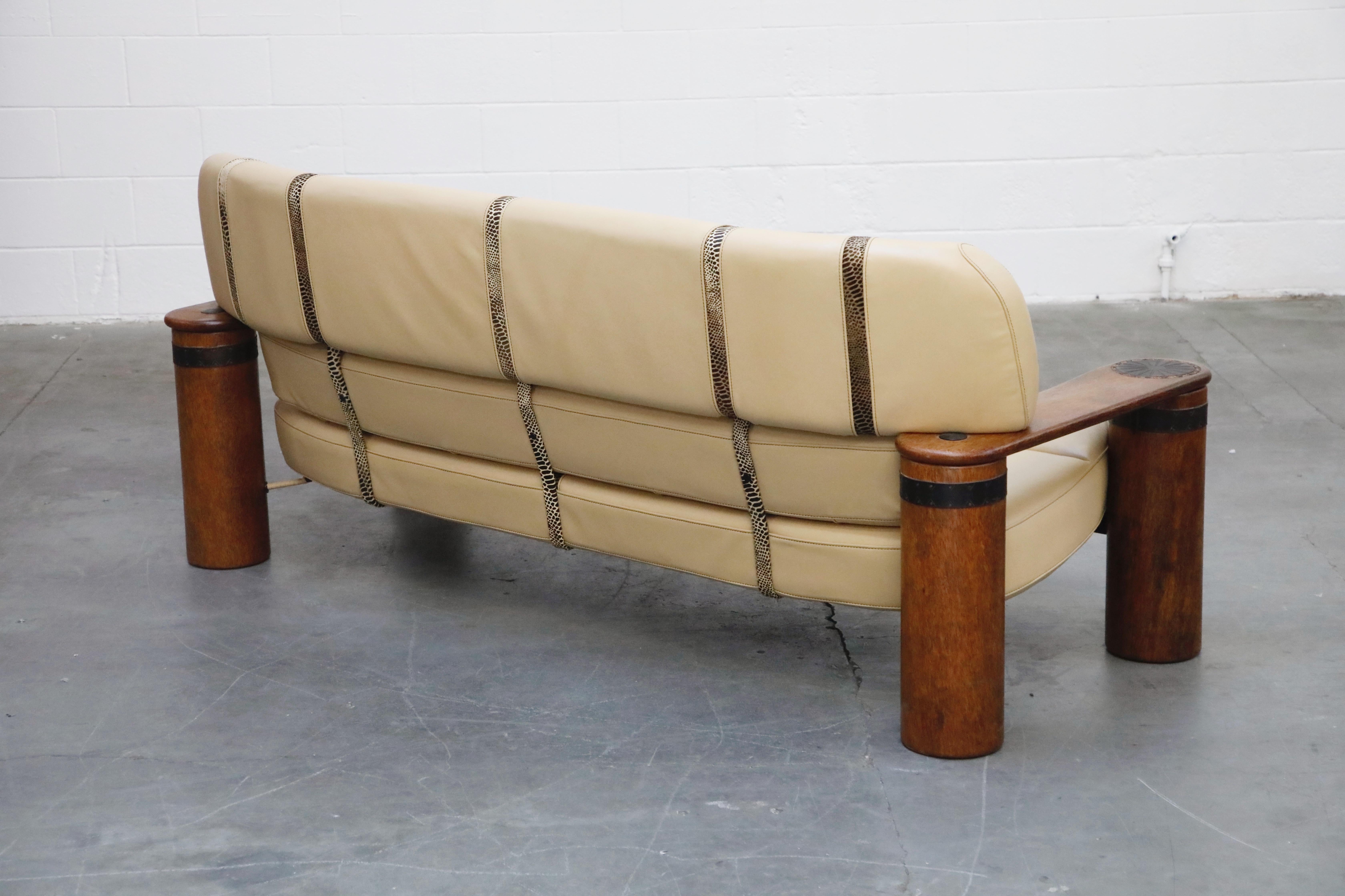 Late 20th Century Leather and Palmwood Three-Seat Sofa by Pacific Green, circa 1990