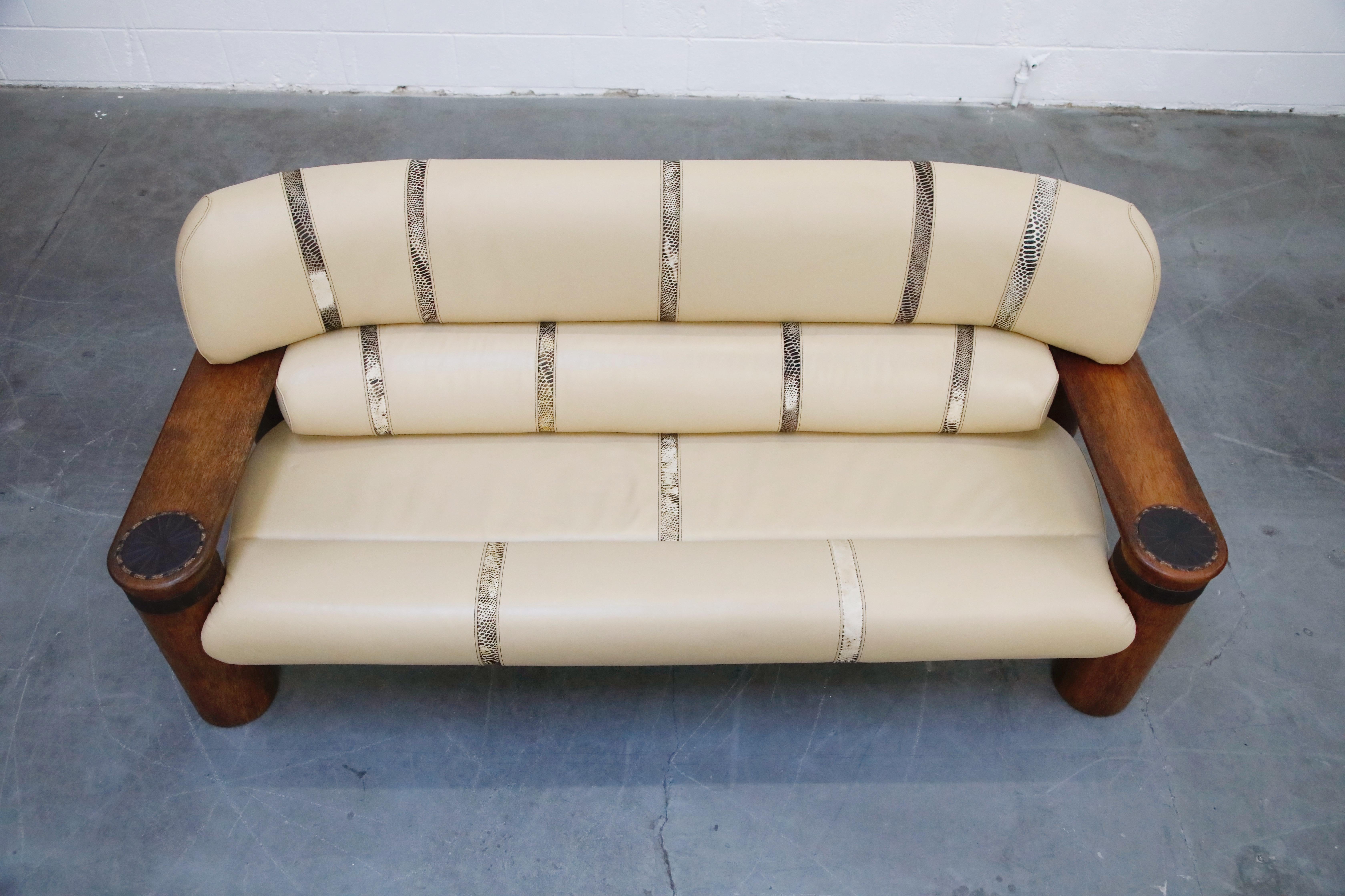 Leather and Palmwood Three-Seat Sofa by Pacific Green, circa 1990 1