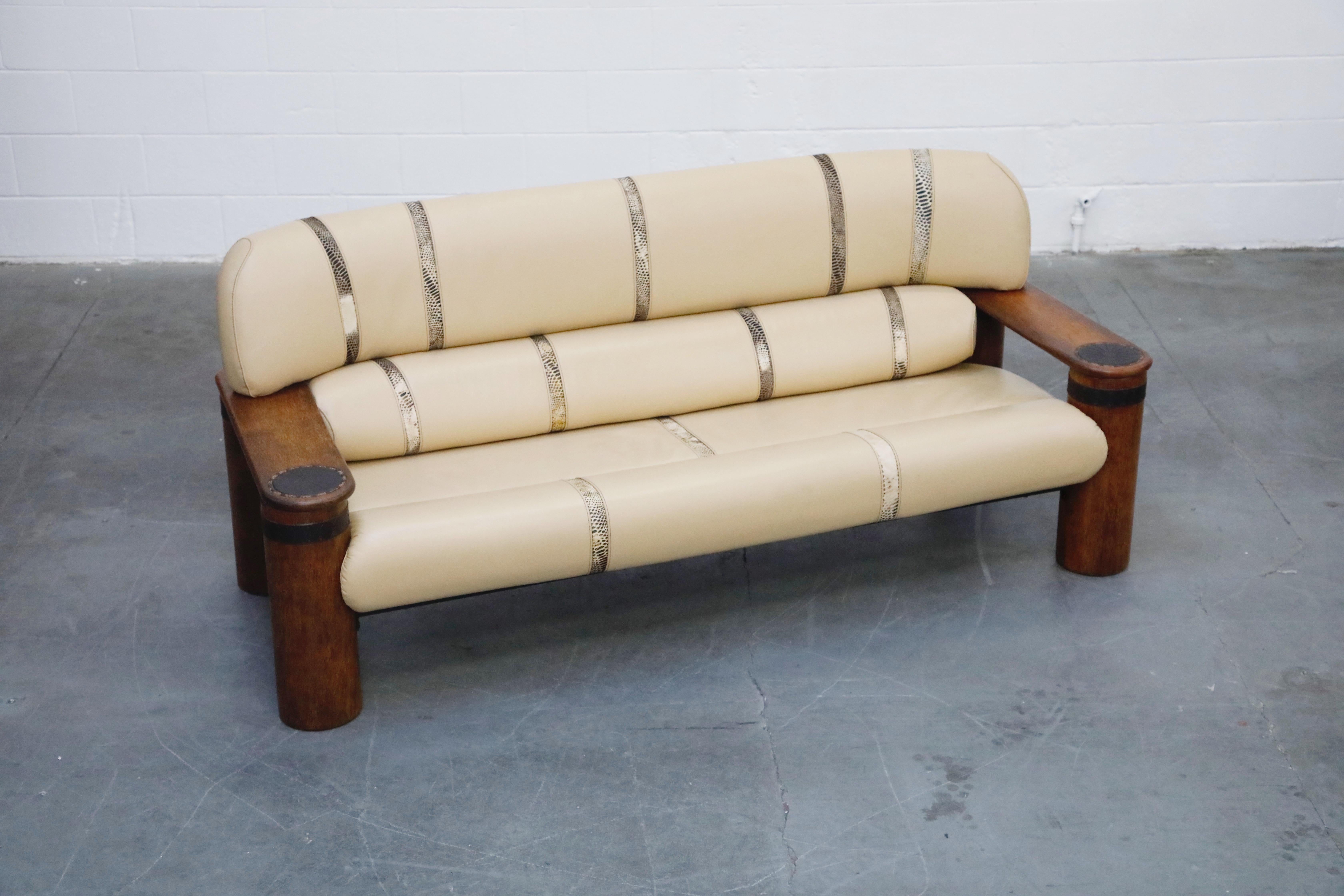 Leather and Palmwood Three-Seat Sofa by Pacific Green, circa 1990 2
