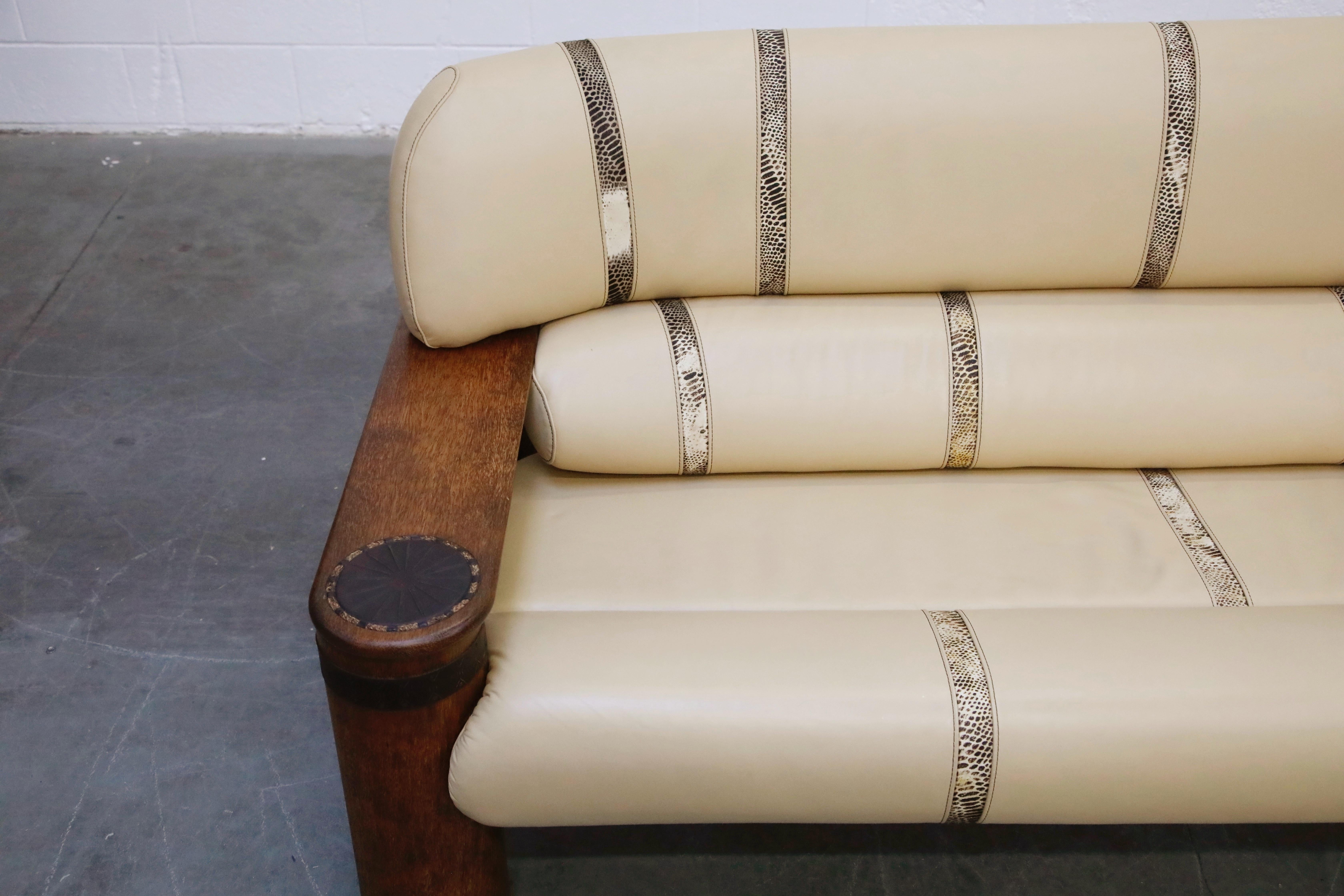 Leather and Palmwood Three-Seat Sofa by Pacific Green, circa 1990 3