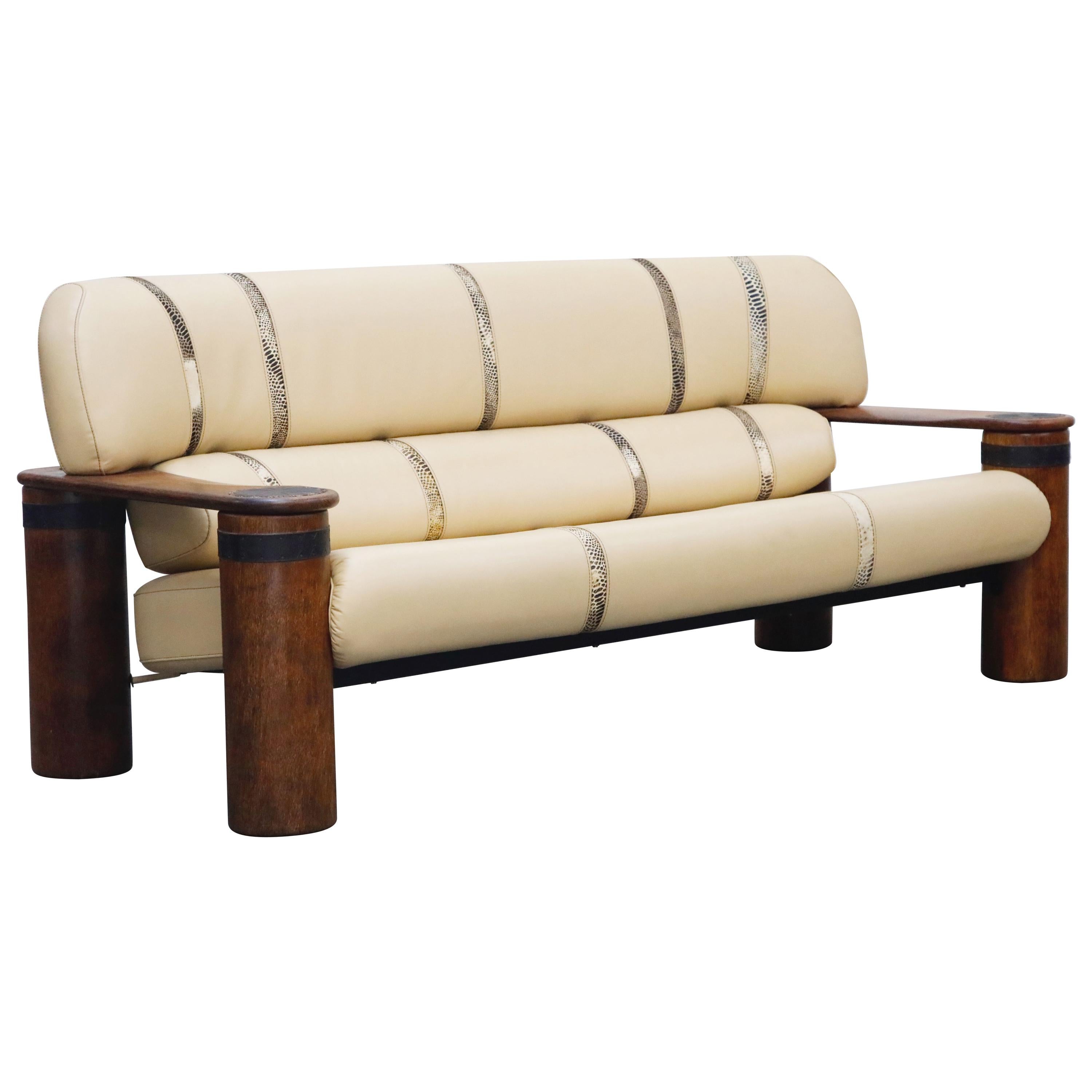 Leather and Palmwood Three-Seat Sofa by Pacific Green, circa 1990