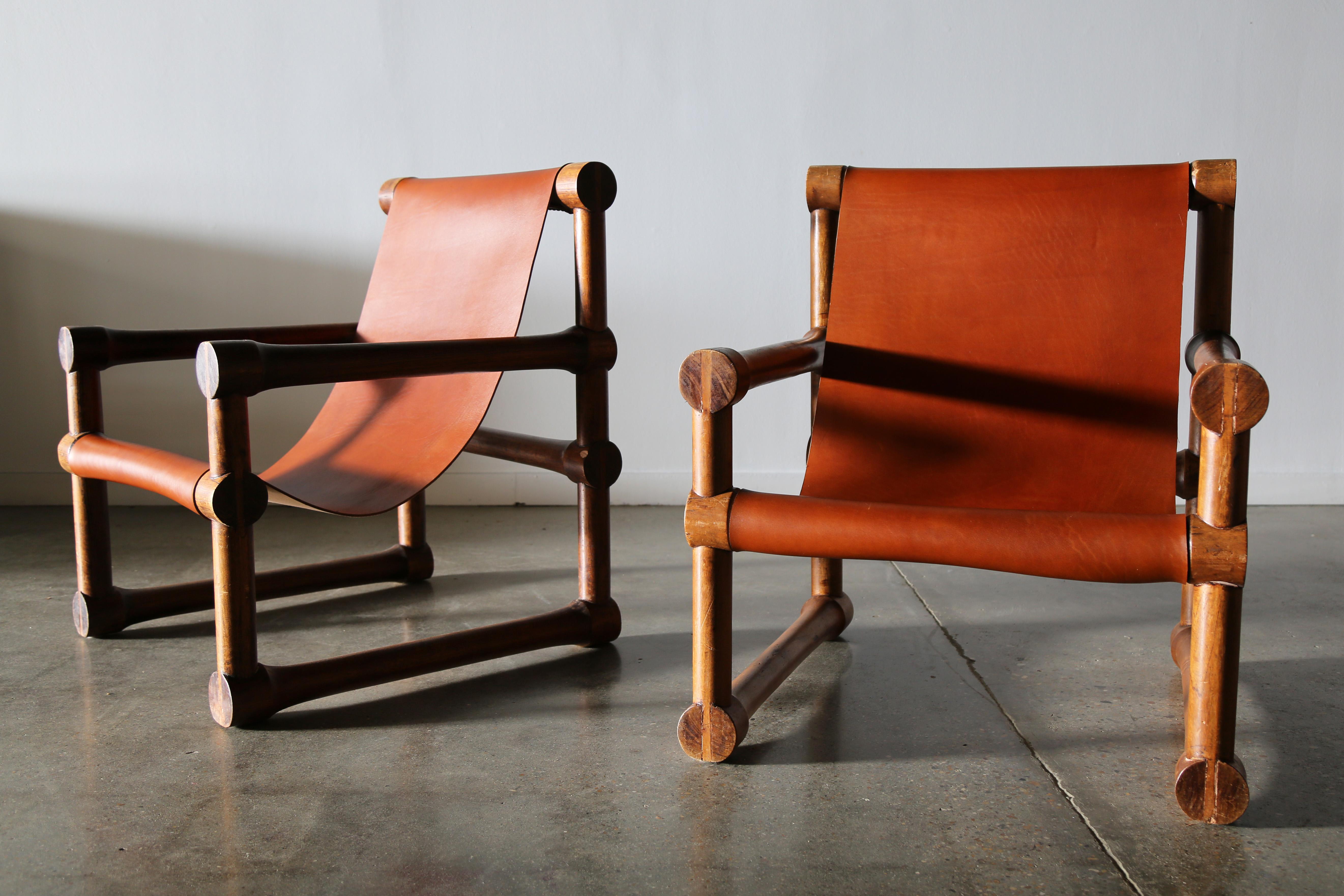 Mid-Century Modern Leather and Exotic Hardwood Sling Chairs Mexican Modern after Sergio Rodrigues For Sale