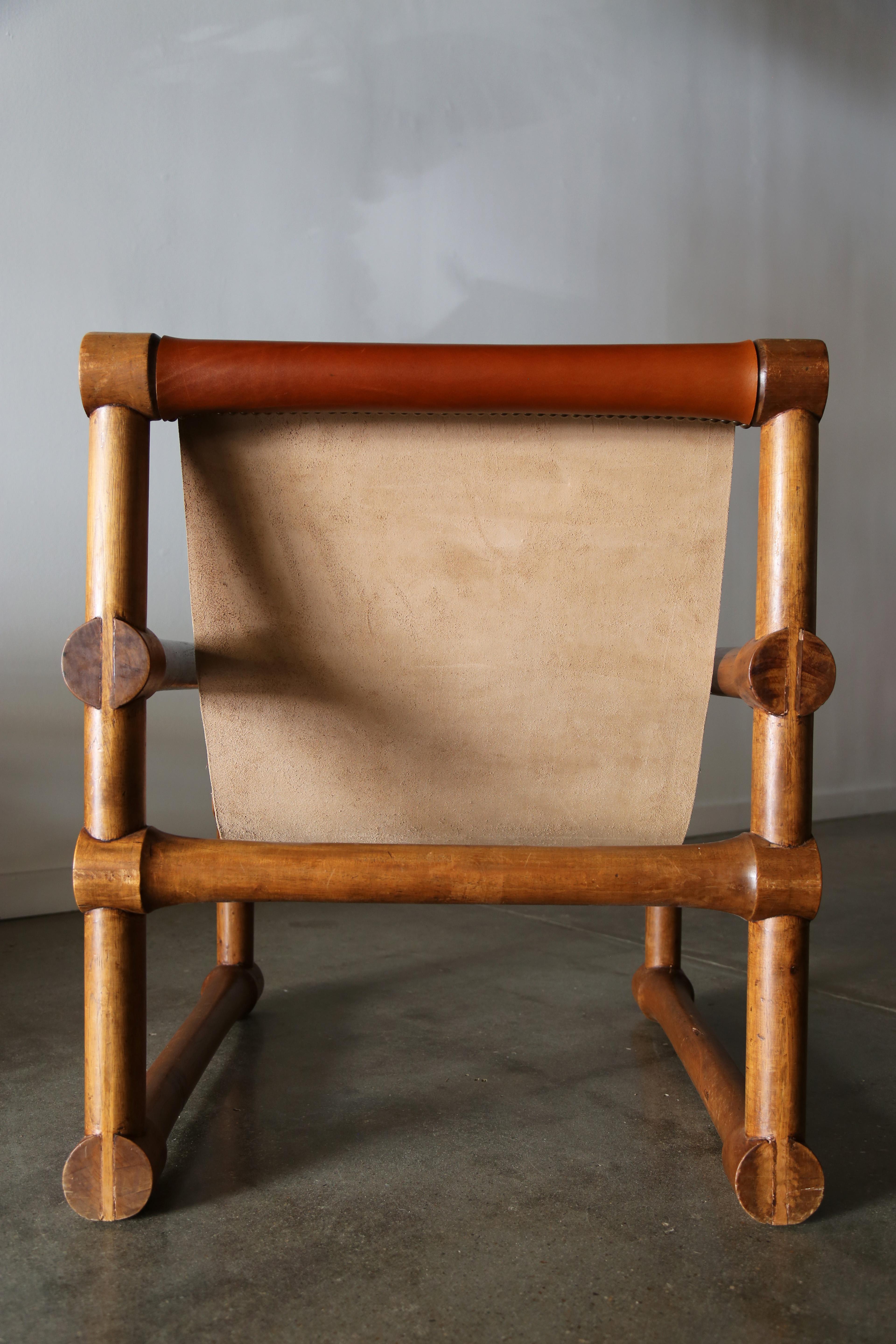 Leather and Exotic Hardwood Sling Chairs Mexican Modern after Sergio Rodrigues In Distressed Condition For Sale In Virginia Beach, VA
