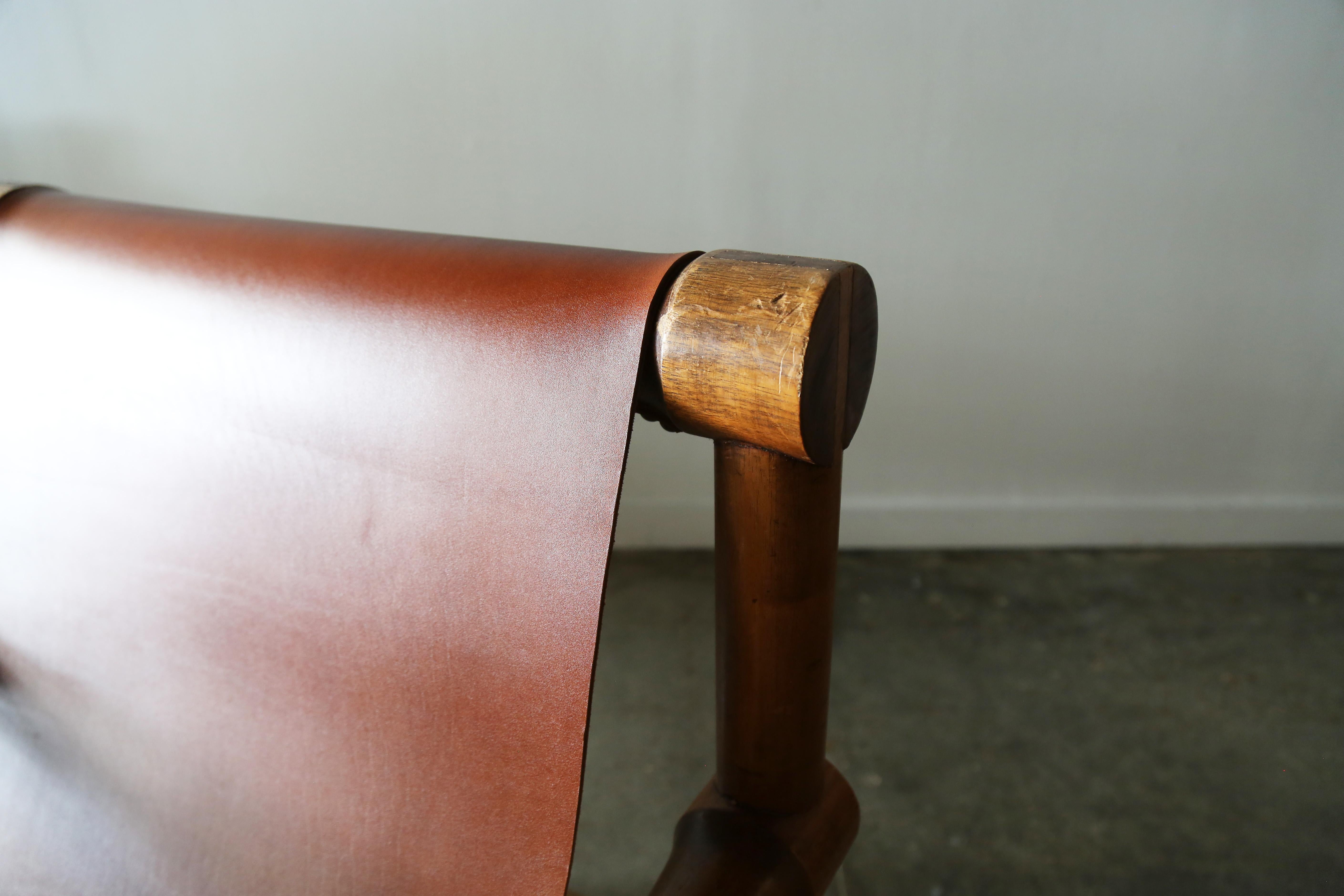 Leather and Exotic Hardwood Sling Chairs Mexican Modern after Sergio Rodrigues For Sale 2