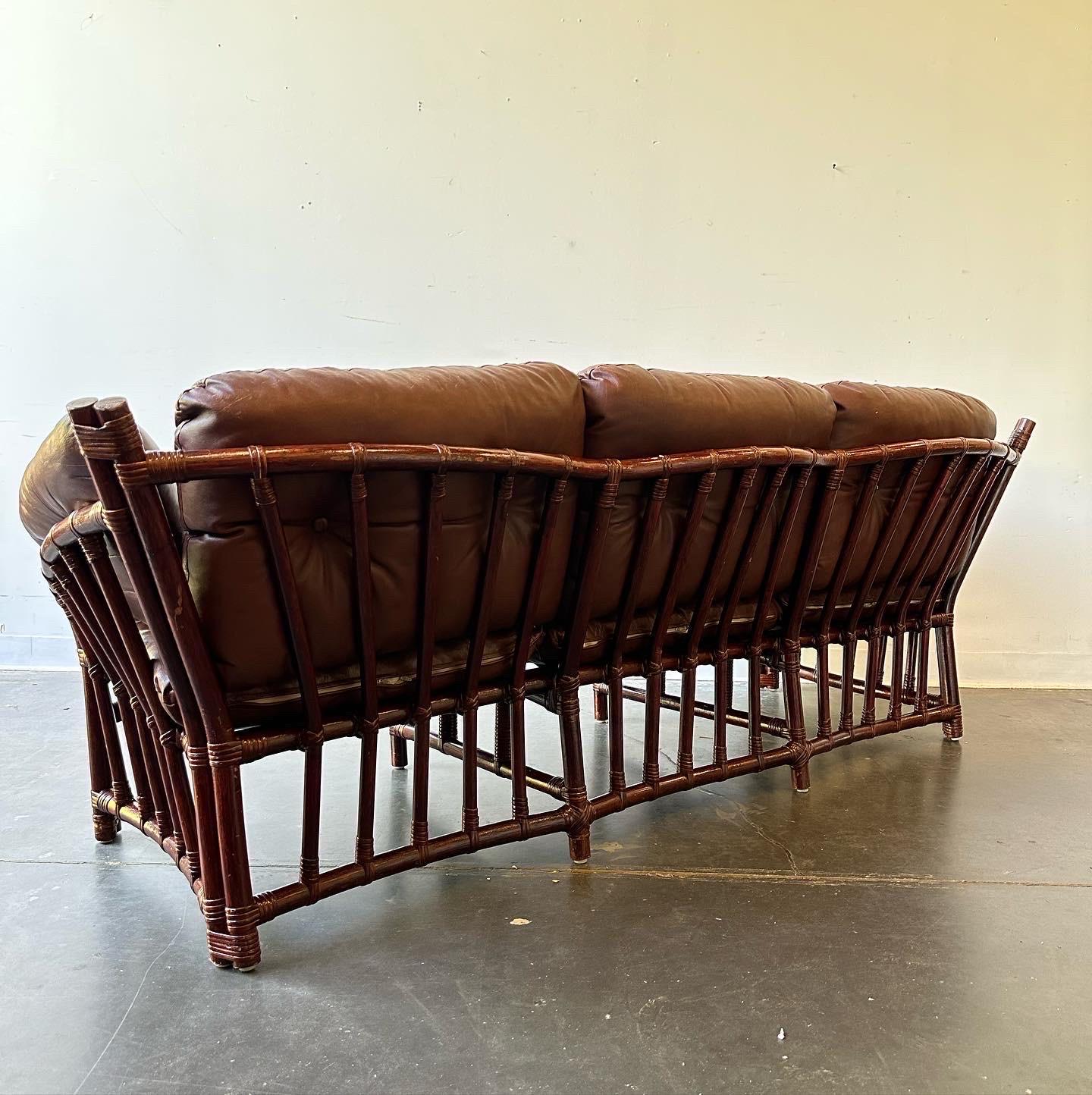 Mid-Century Modern Leather and Rattan Sofa in the Style of Percival Lafer 