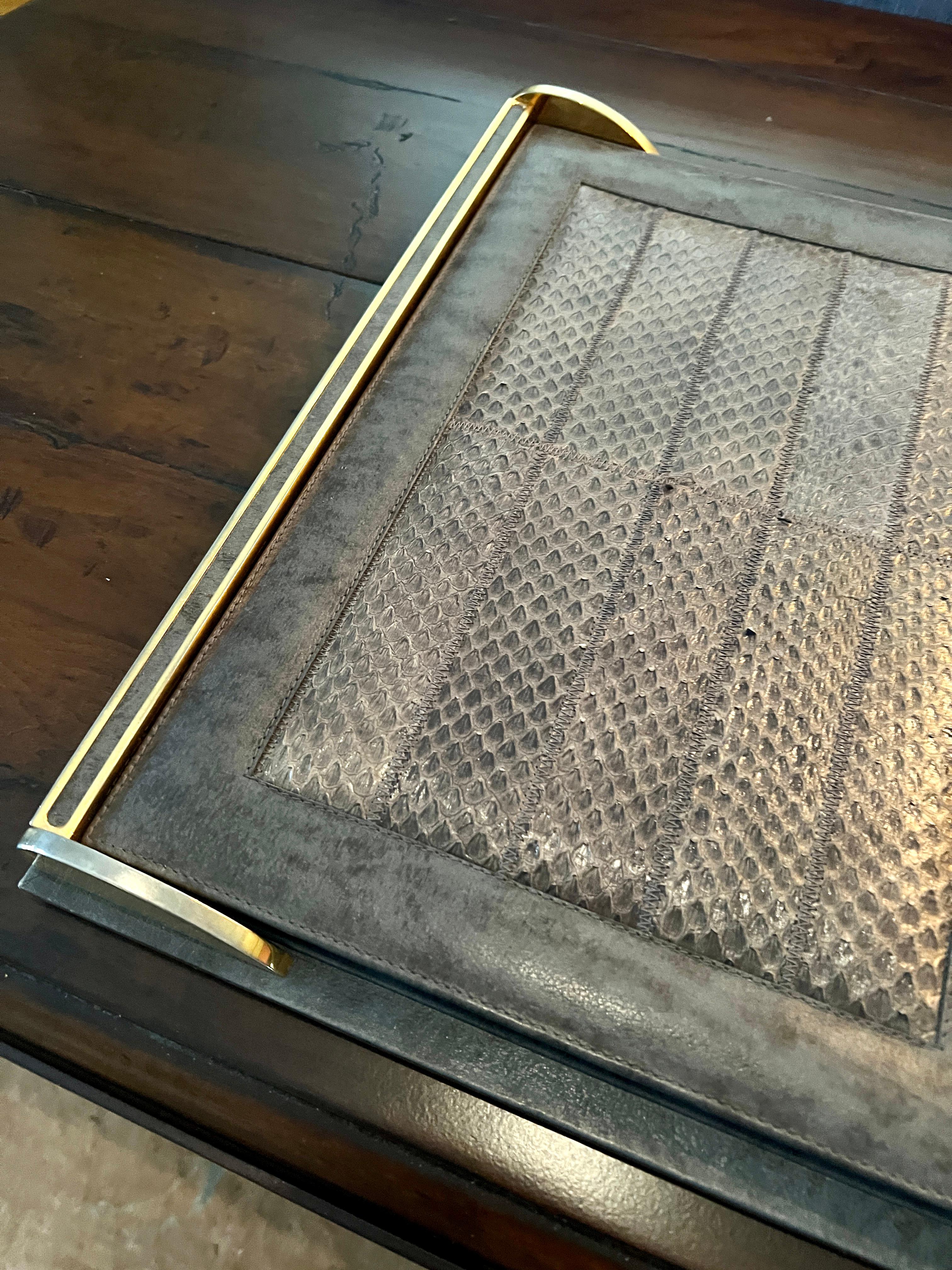 Pelle e rettile messicano con finiture in ottone  Blotter pieghevole con tasche in vendita 3