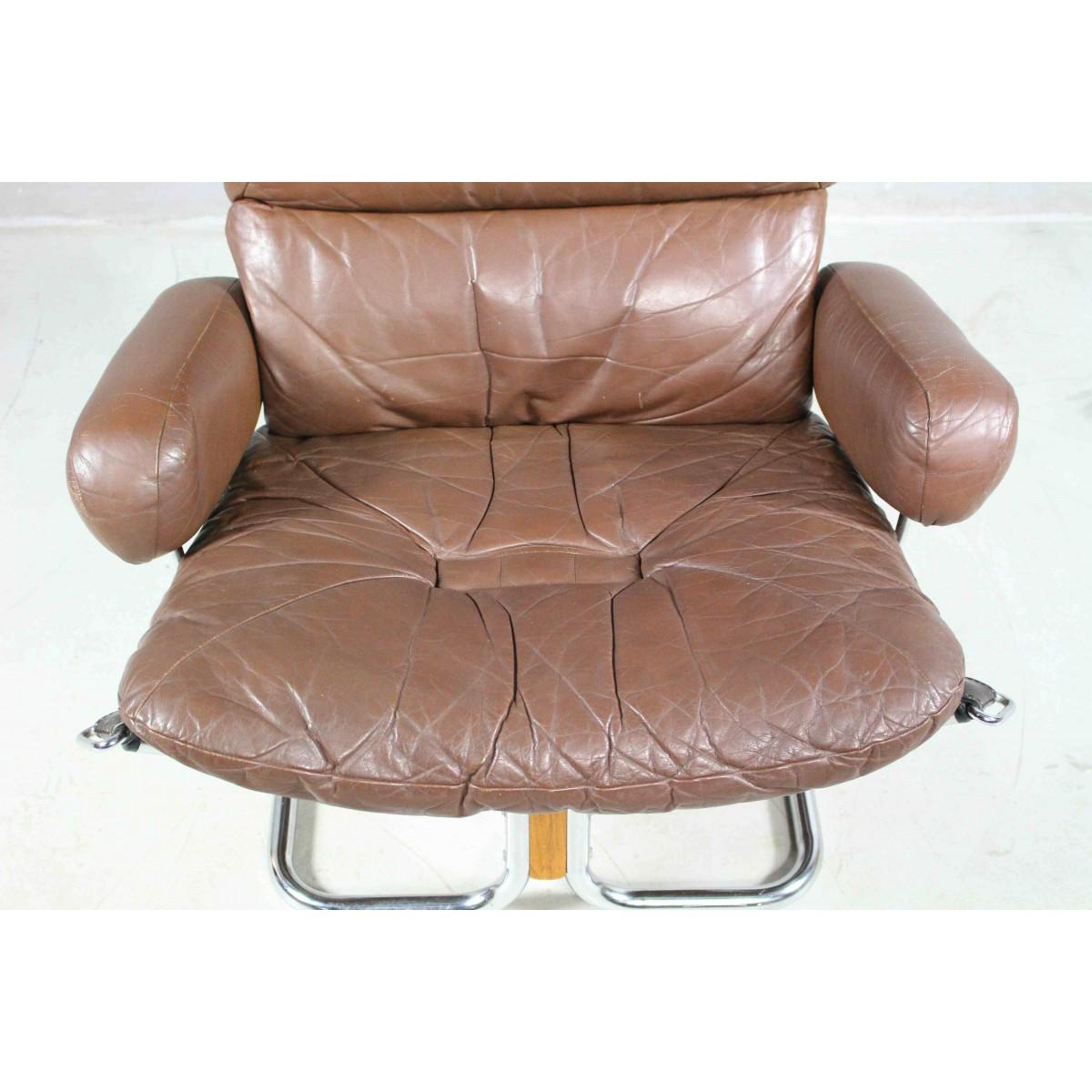 Metal Leather And Rosewood Lounge Chair By Harald Relling For Westnofa, Norway 1970s For Sale