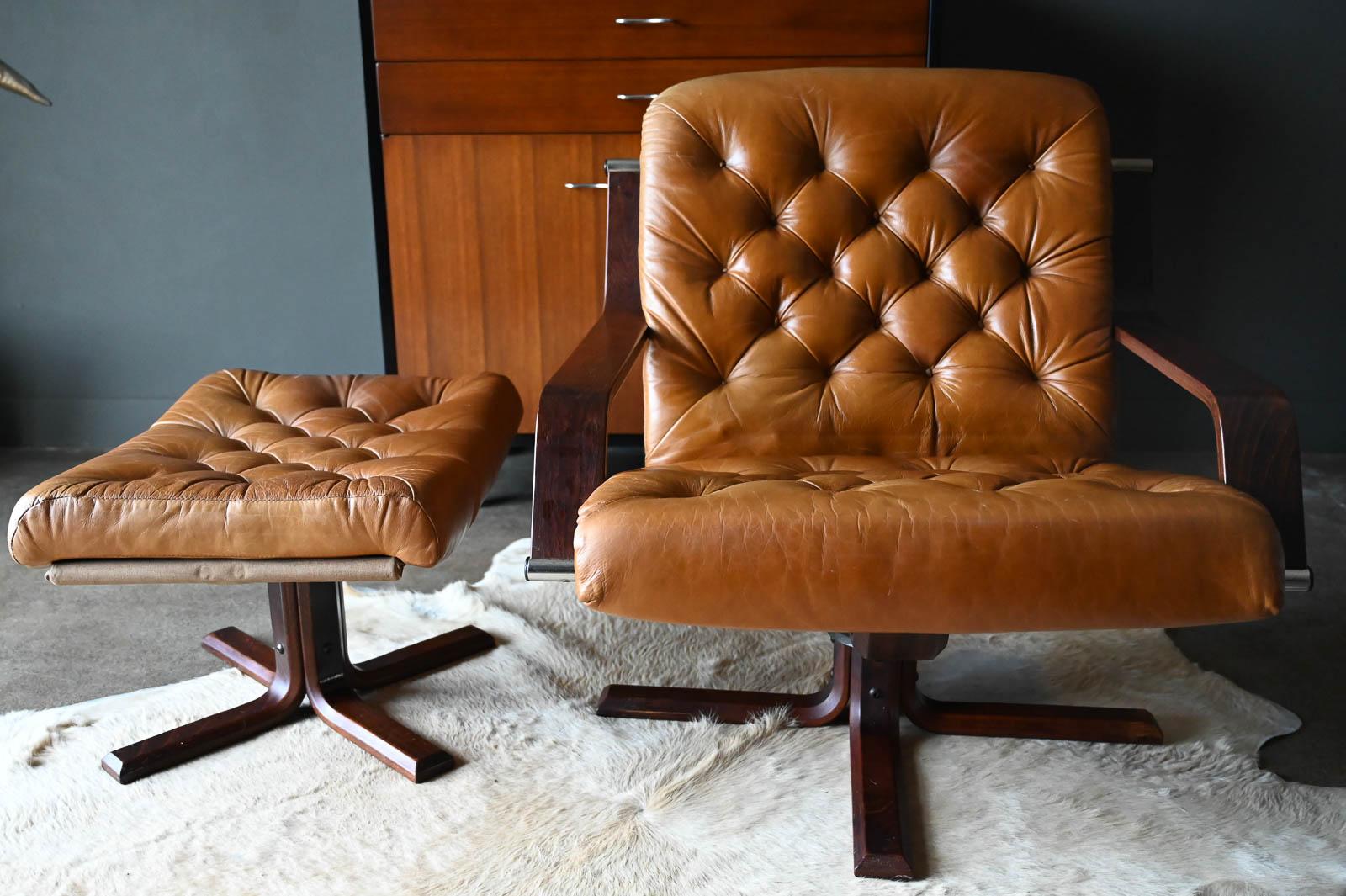 Leather and Rosewood Swivel Lounge Chair and Ottoman by Sigurd Ressell, 1970 3