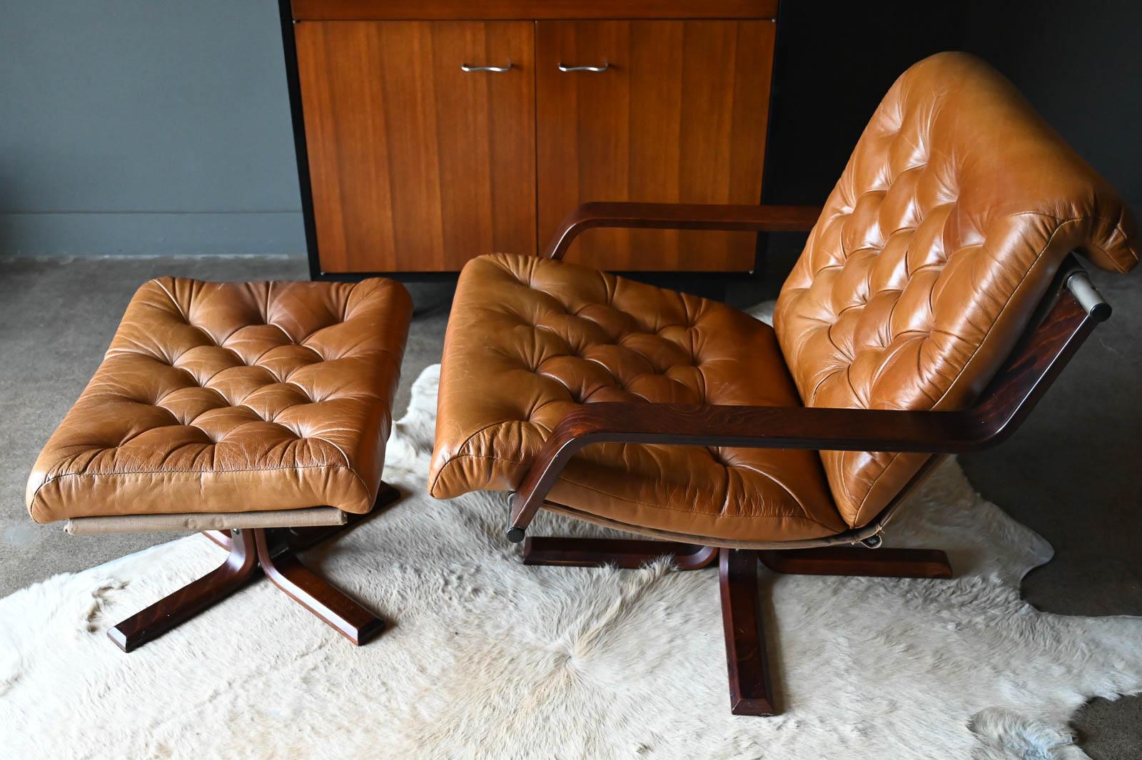 Chrome Leather and Rosewood Swivel Lounge Chair and Ottoman by Sigurd Ressell, 1970