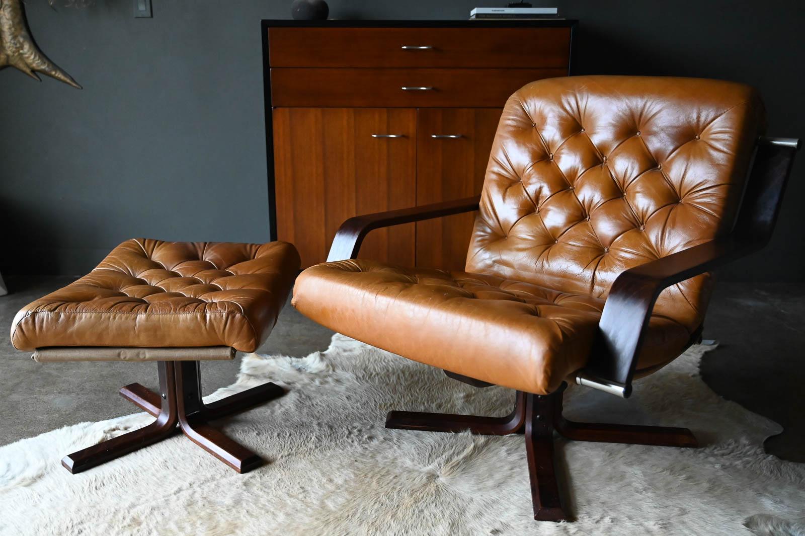 Leather and Rosewood Swivel Lounge Chair and Ottoman by Sigurd Ressell, 1970 1