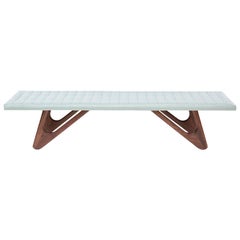 Leather and Sculpted Walnut Bench