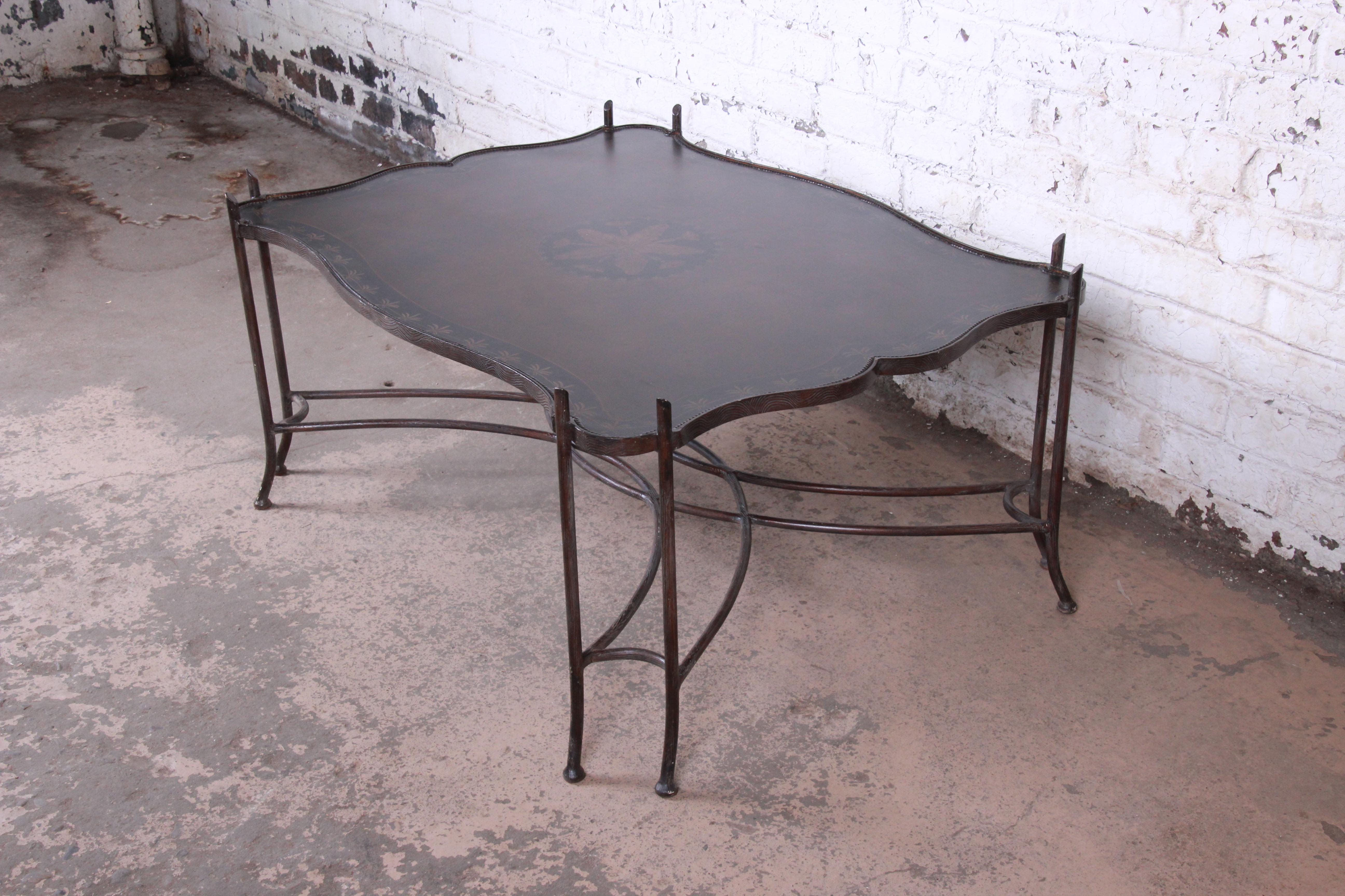Spanish Colonial Leather and Sculptural Forged Steel Cocktail Table by Sarreid Ltd.