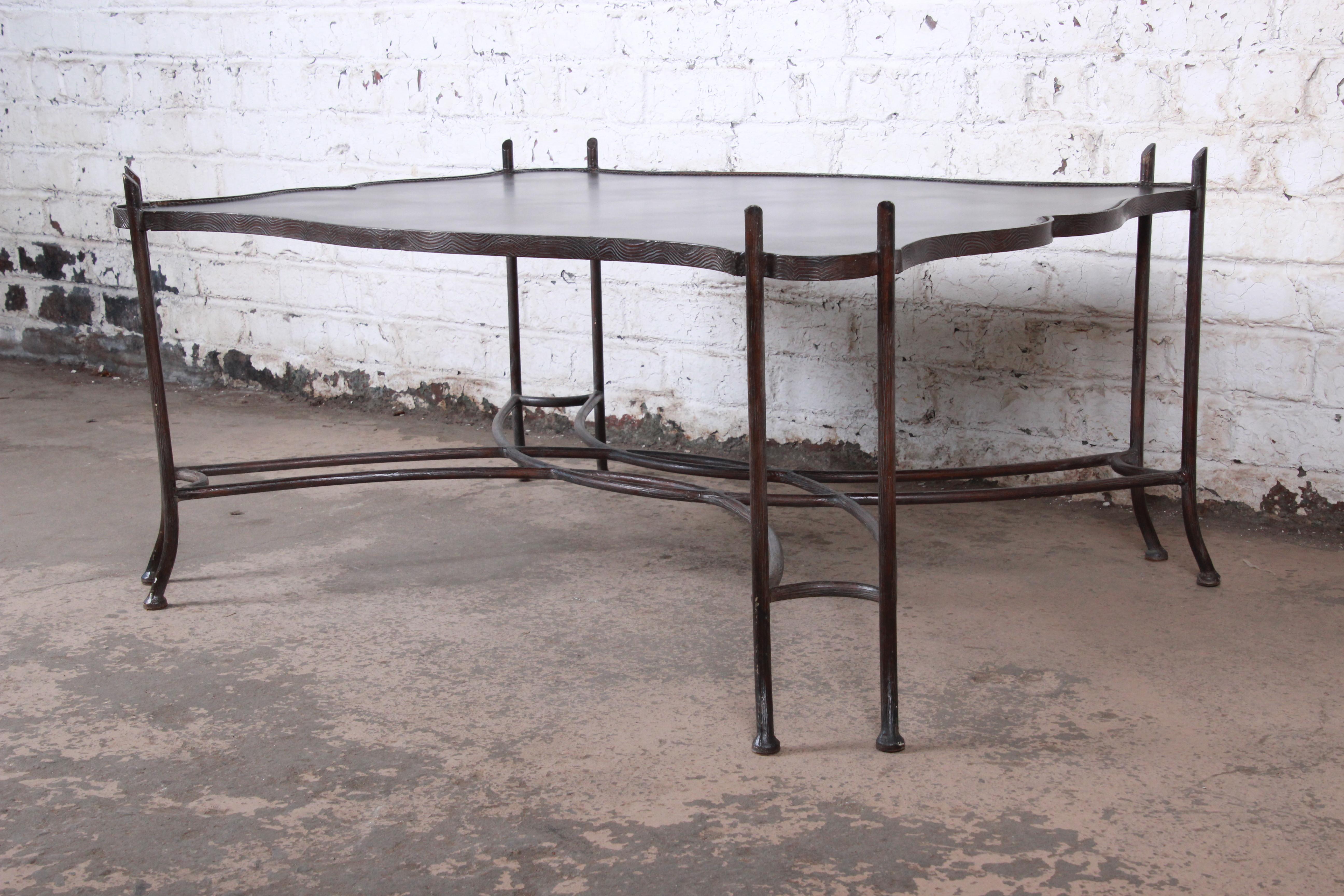Leather and Sculptural Forged Steel Cocktail Table by Sarreid Ltd. In Good Condition In South Bend, IN