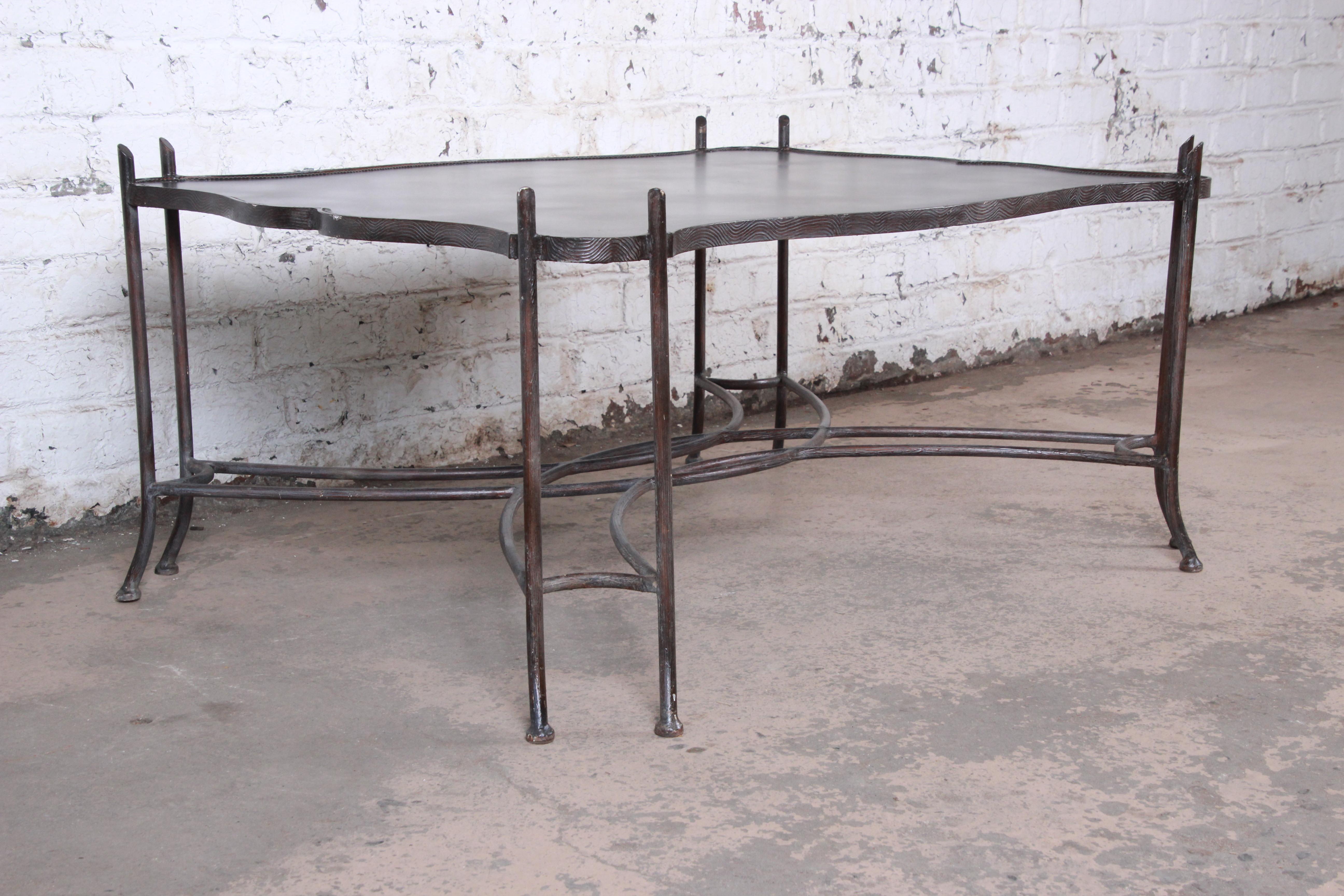 20th Century Leather and Sculptural Forged Steel Cocktail Table by Sarreid Ltd.