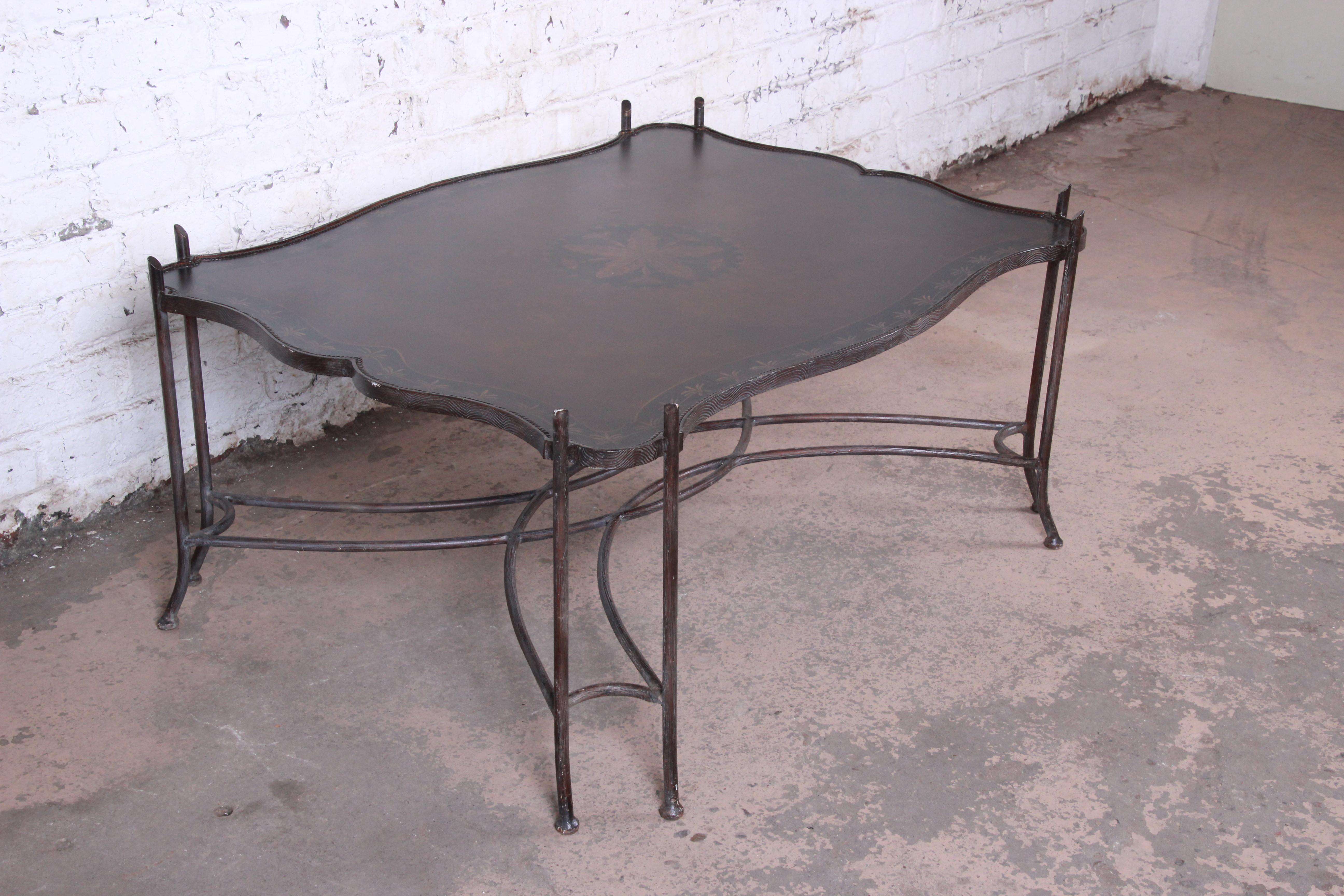 Leather and Sculptural Forged Steel Cocktail Table by Sarreid Ltd. 1