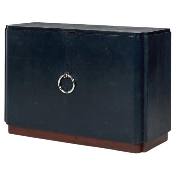 Leather and Silvered Bronze Cabinet by  Jean Pascaud For Sale