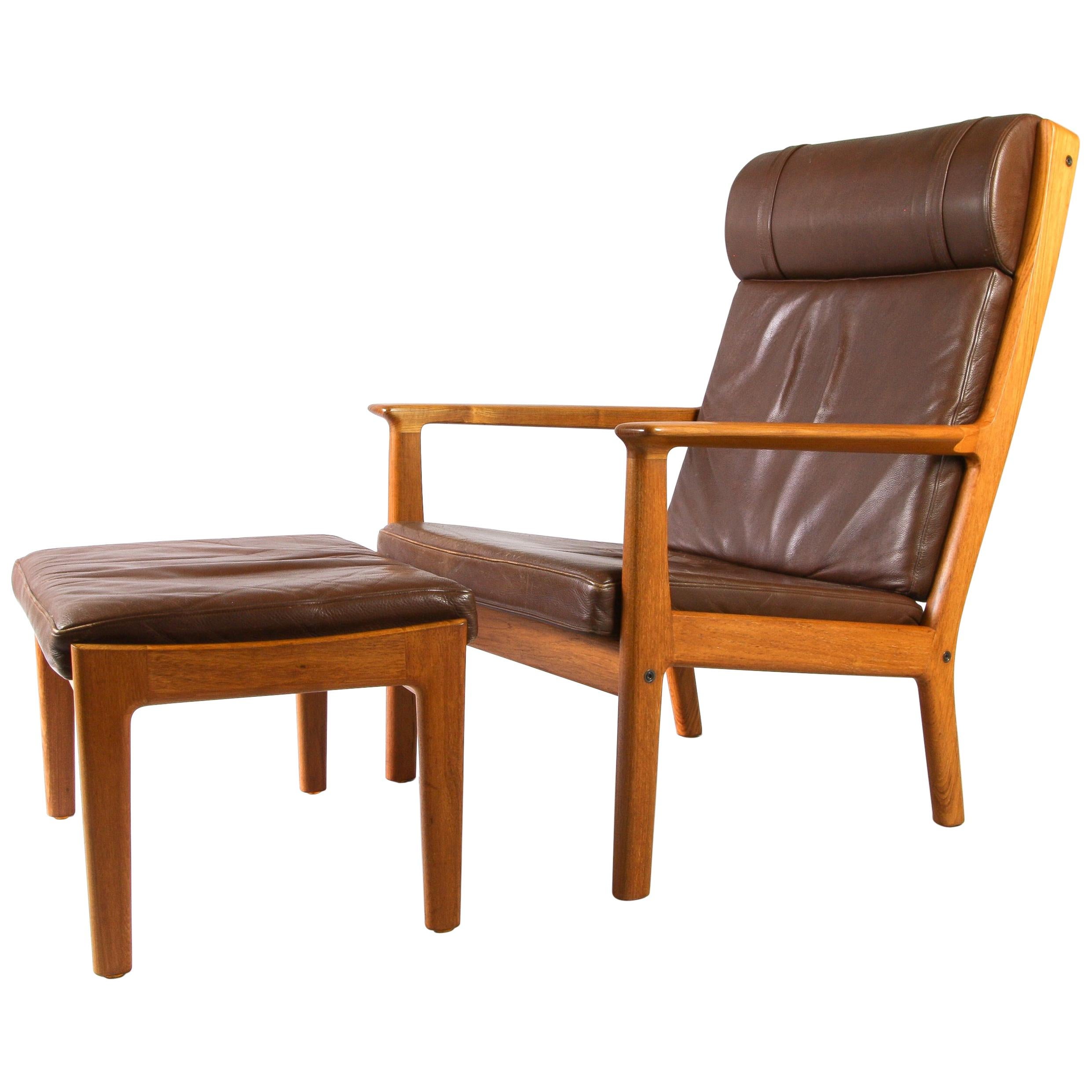 Leather and Solid Ash Mid Century Armchair and Foot Stool, Hans Wegner, Denmark,