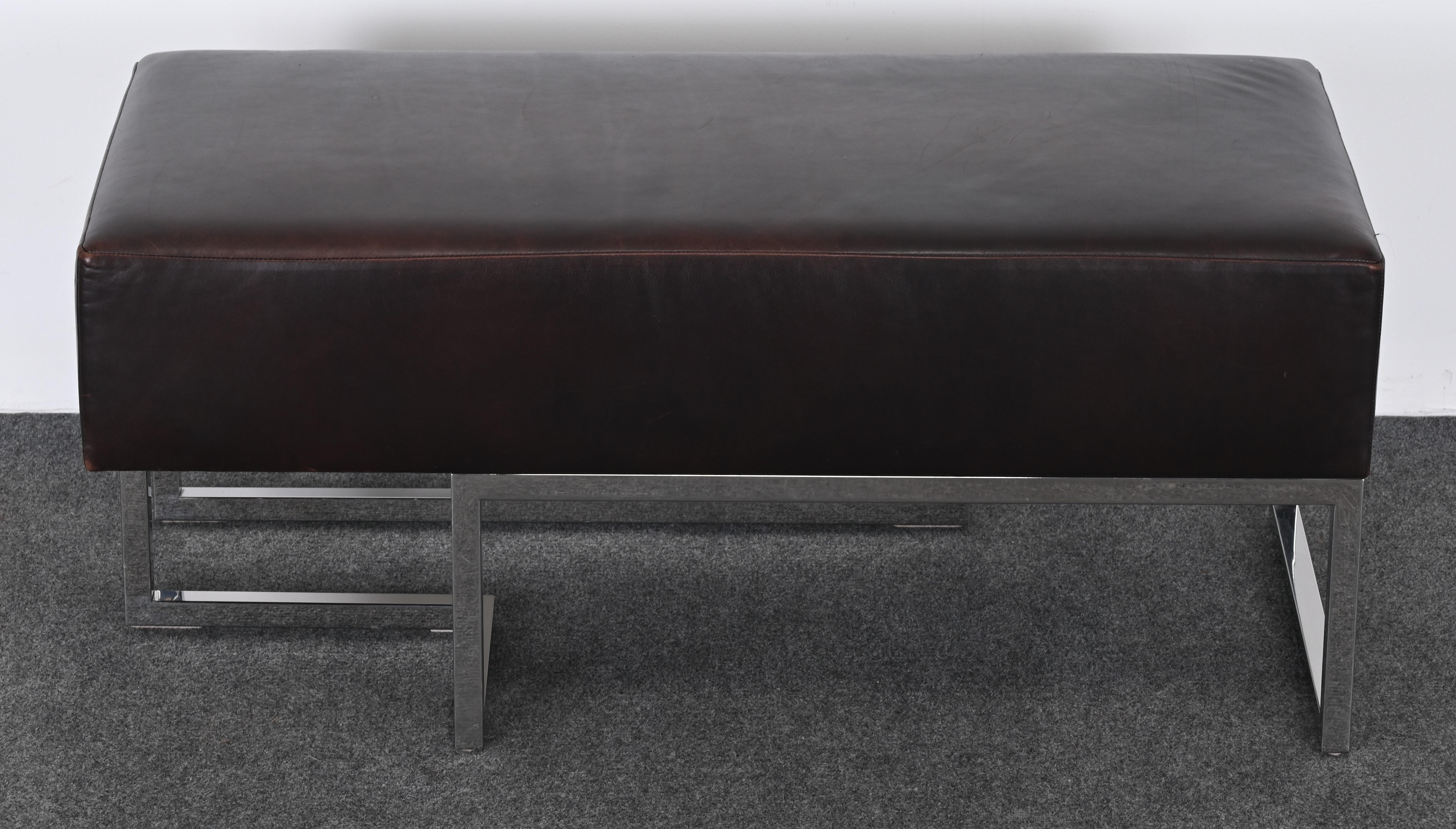 Mid-Century Modern Leather and Stainless Steel Bench by Vladimir Kagan for Gucci, 1990s