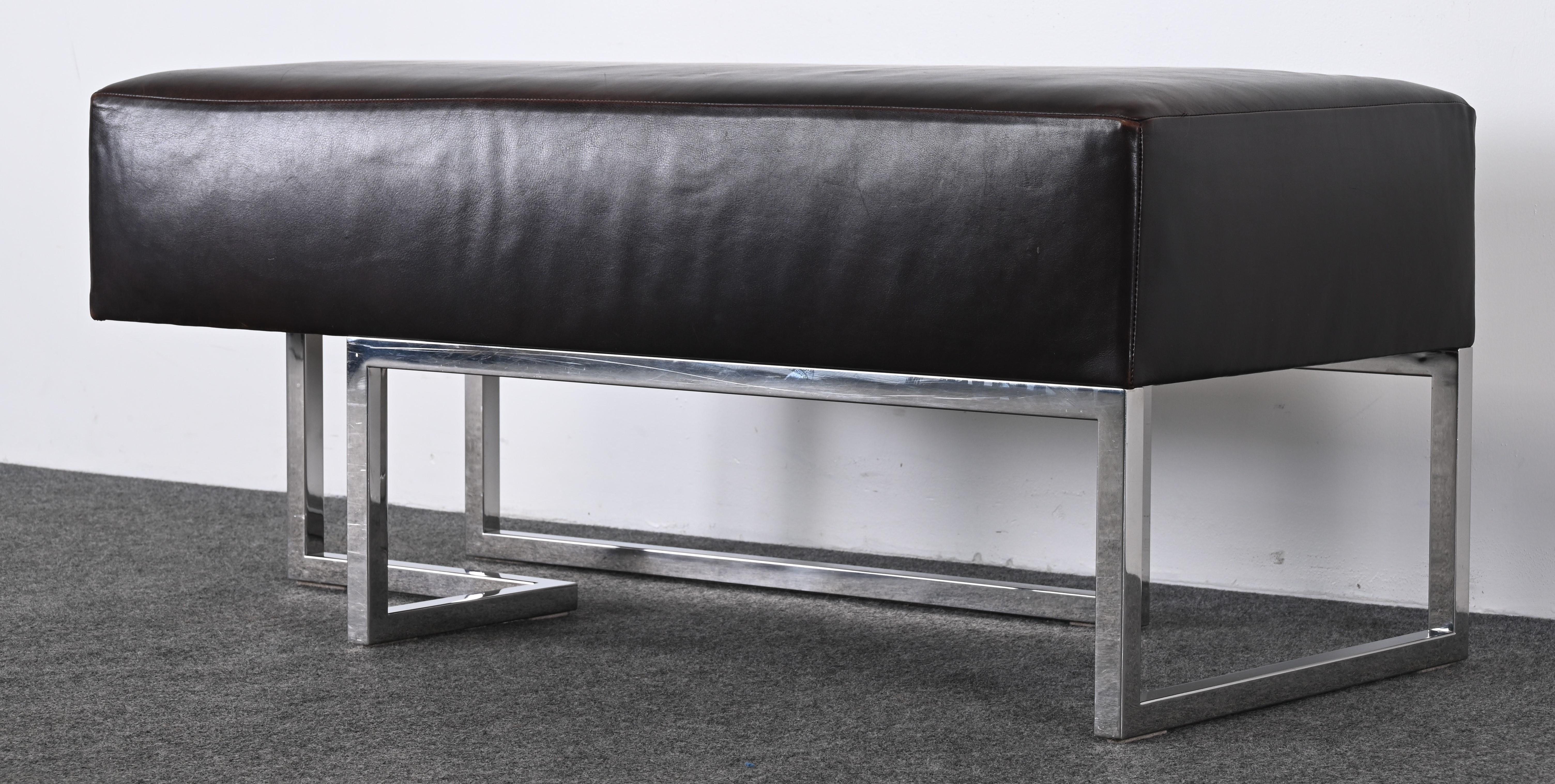Late 20th Century Leather and Stainless Steel Bench by Vladimir Kagan for Gucci, 1990s