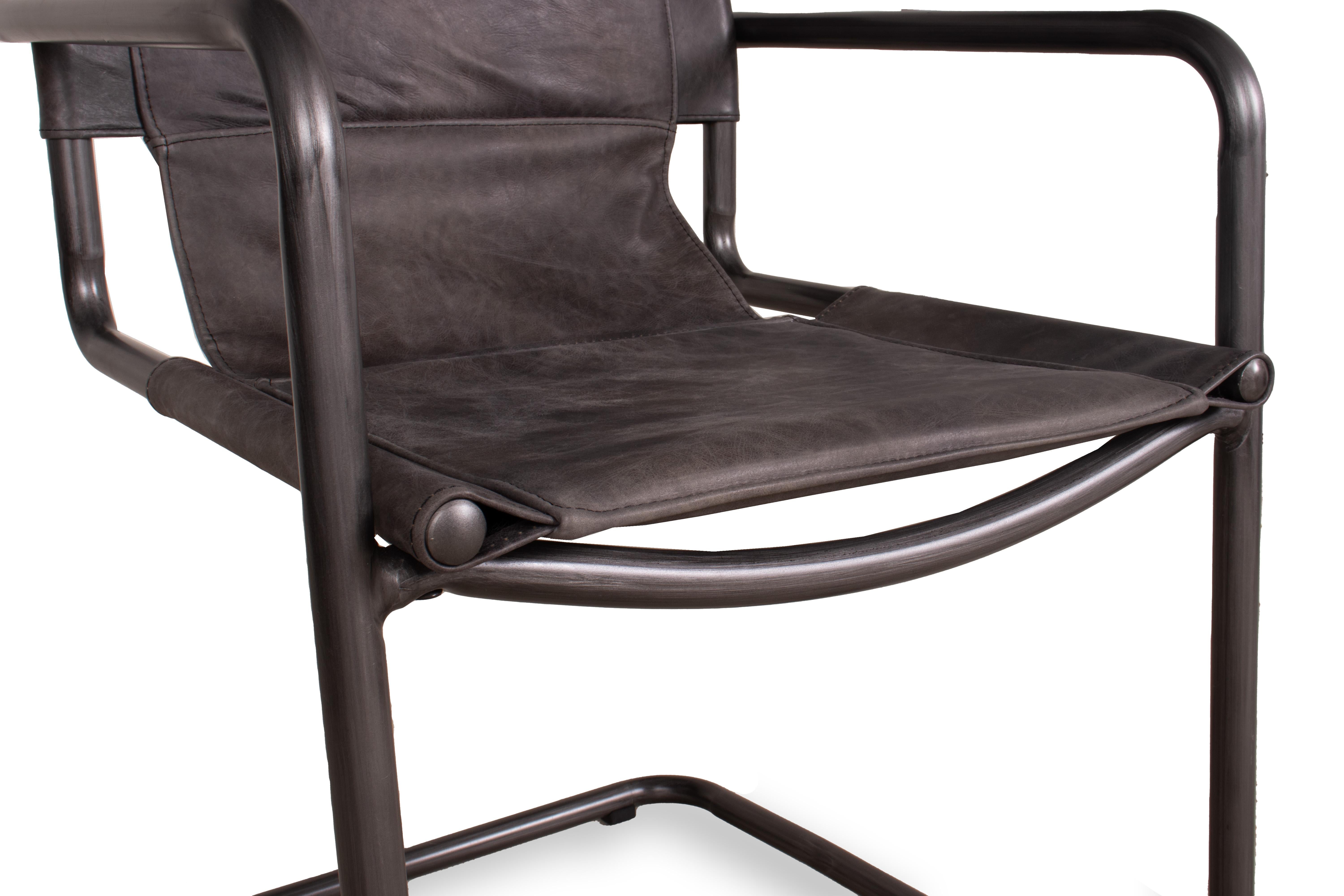 Modern Leather and Steel Sling Dining Chair