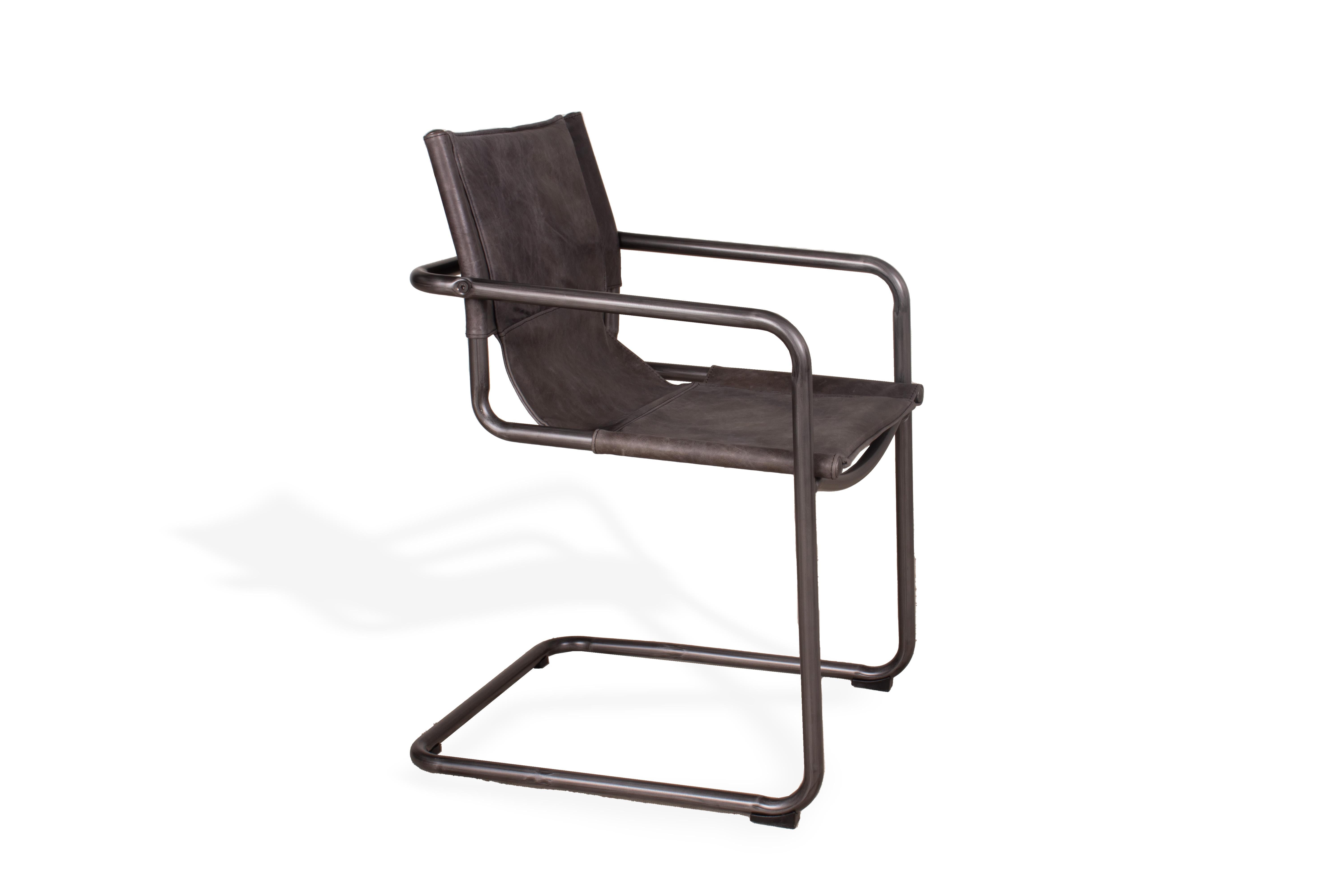 European Leather and Steel Sling Dining Chair