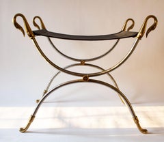 Leather and Steel Stool with Swan Head in Brass by Maison Jansen, France
