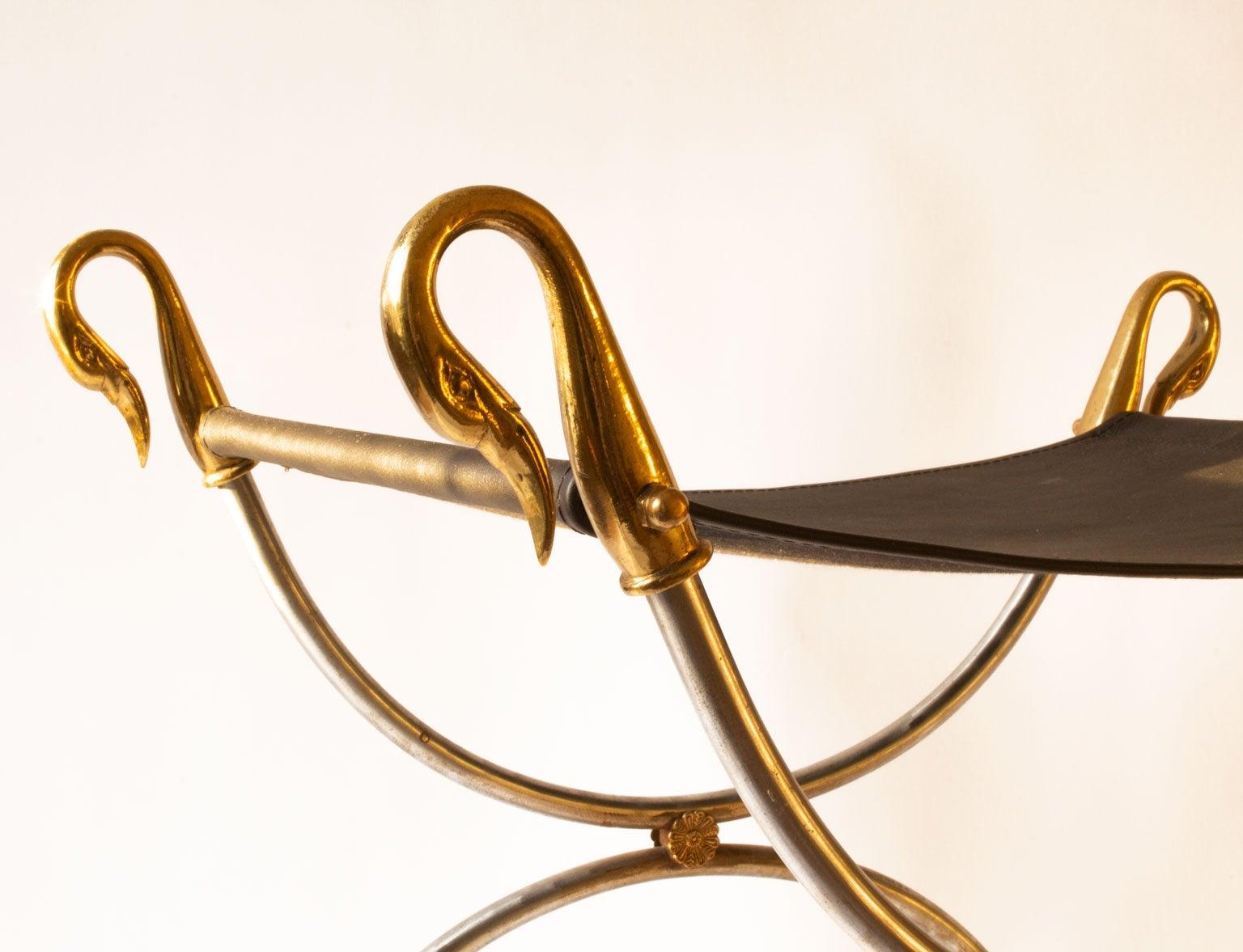 French Leather and Steel Stool with Swan Head in Brass by Maison Jansen, France