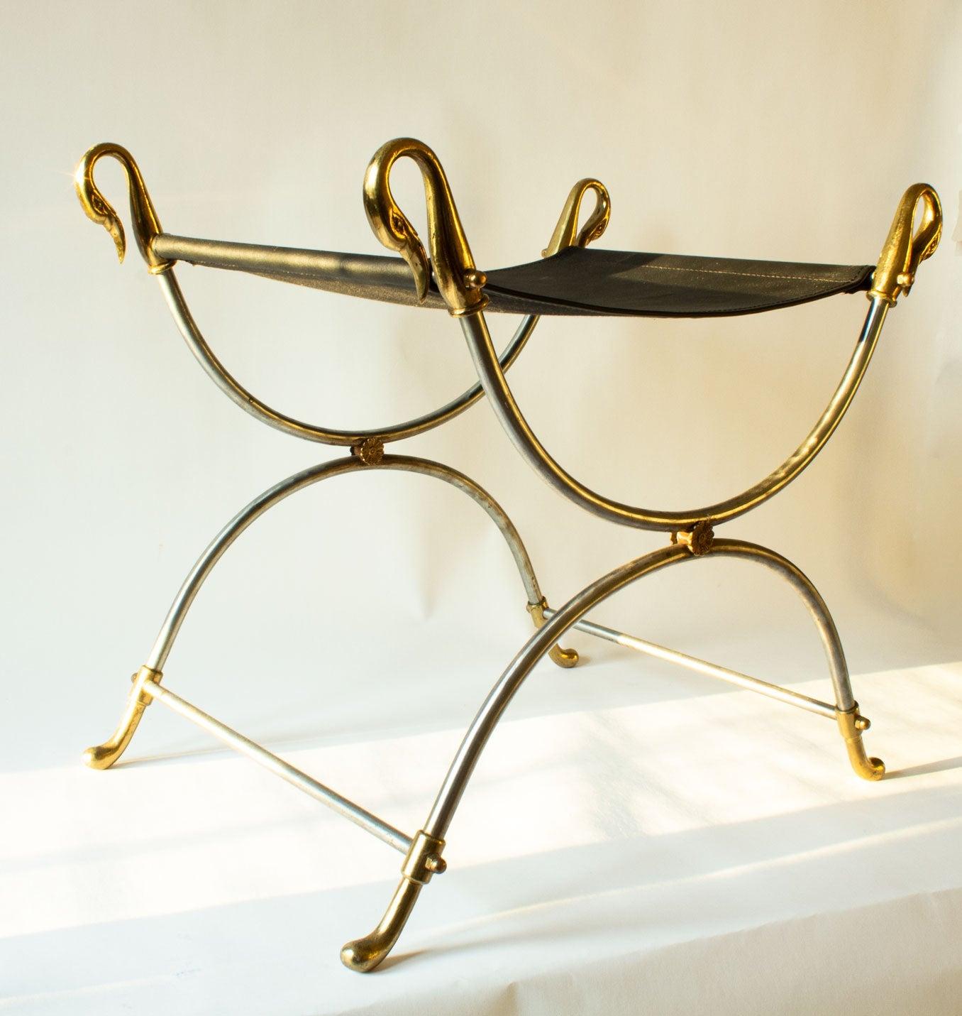 Leather and Steel Stool with Swan Head in Brass by Maison Jansen, France In Good Condition In Stockholm, SE