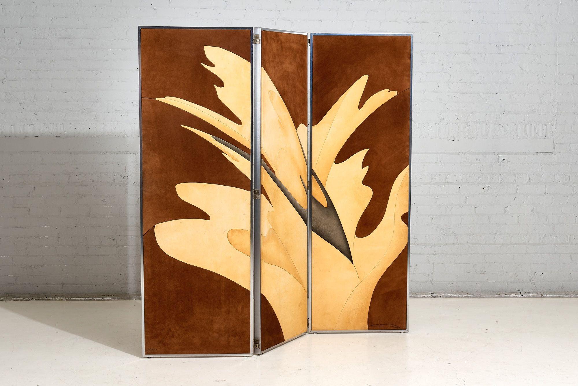 Leather and Suede Screen Room Divider, 1970. Screen is signed and numbered.