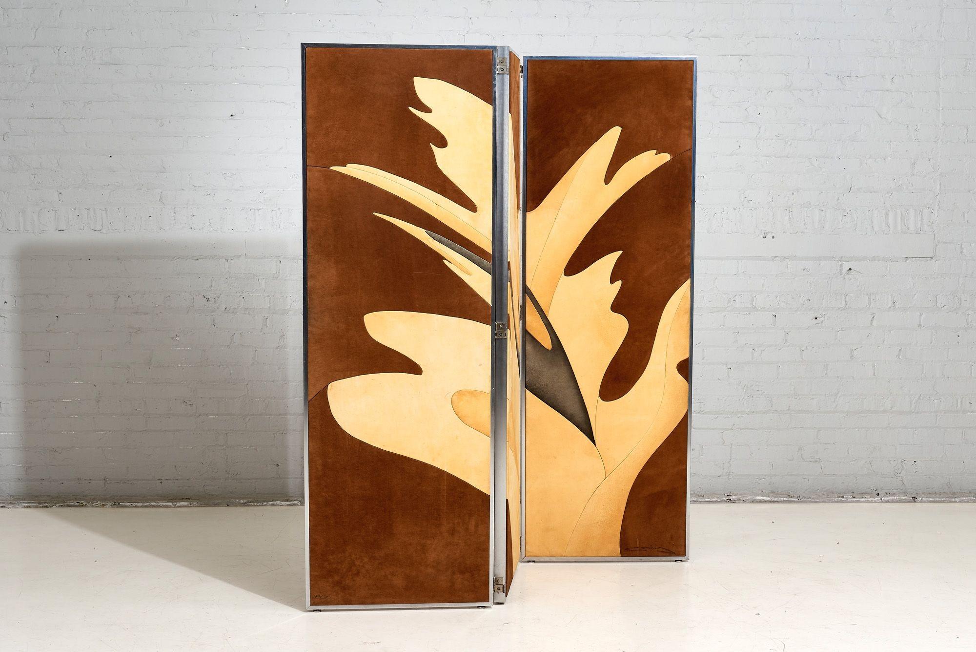 Leather and Suede Screen/Room Divider, 1970 In Good Condition For Sale In Chicago, IL