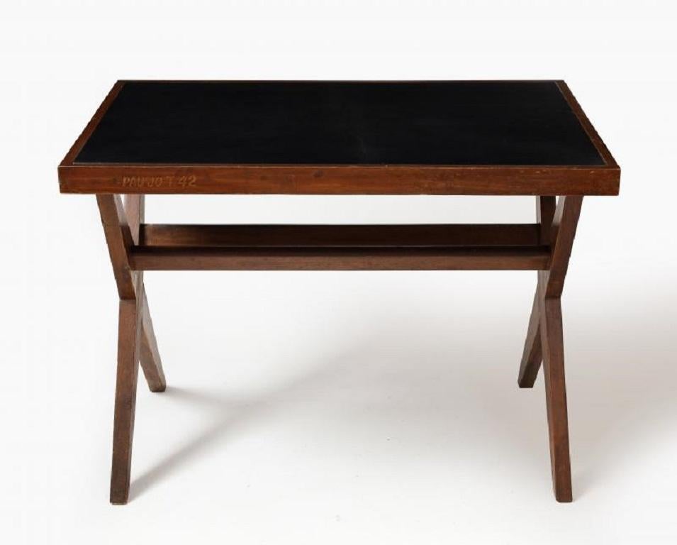 Modern Leather and Teak Desk by Pierre Jeanneret, 1959 For Sale
