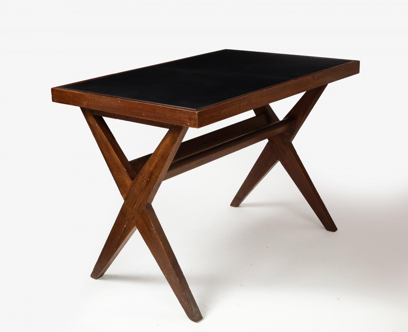 Indian Leather and Teak Desk by Pierre Jeanneret, 1959 For Sale
